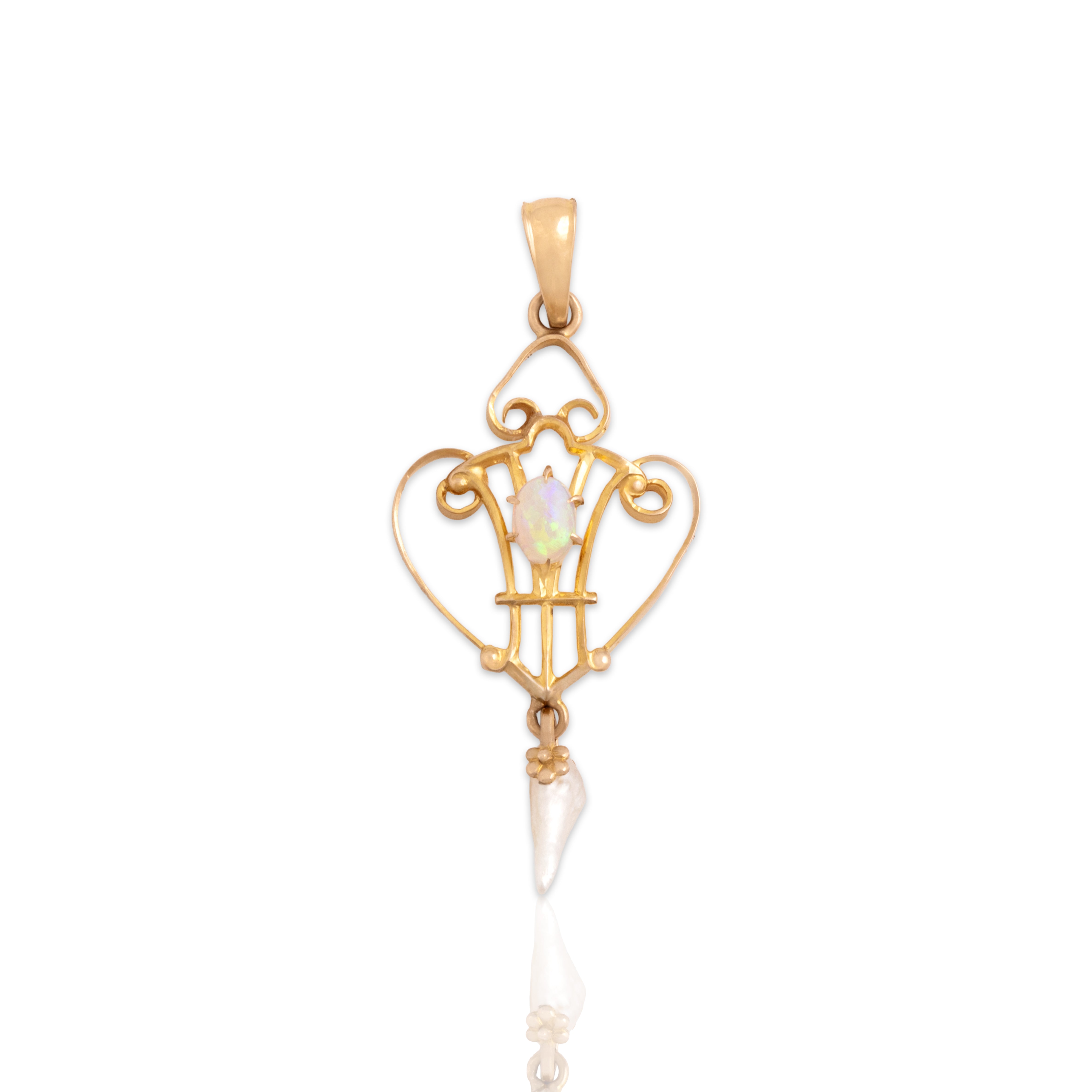 Antique Lightweight 10k Yellow Gold Opal Seed Pearl Delicate Ornate Dangle Pendant - Close-up view