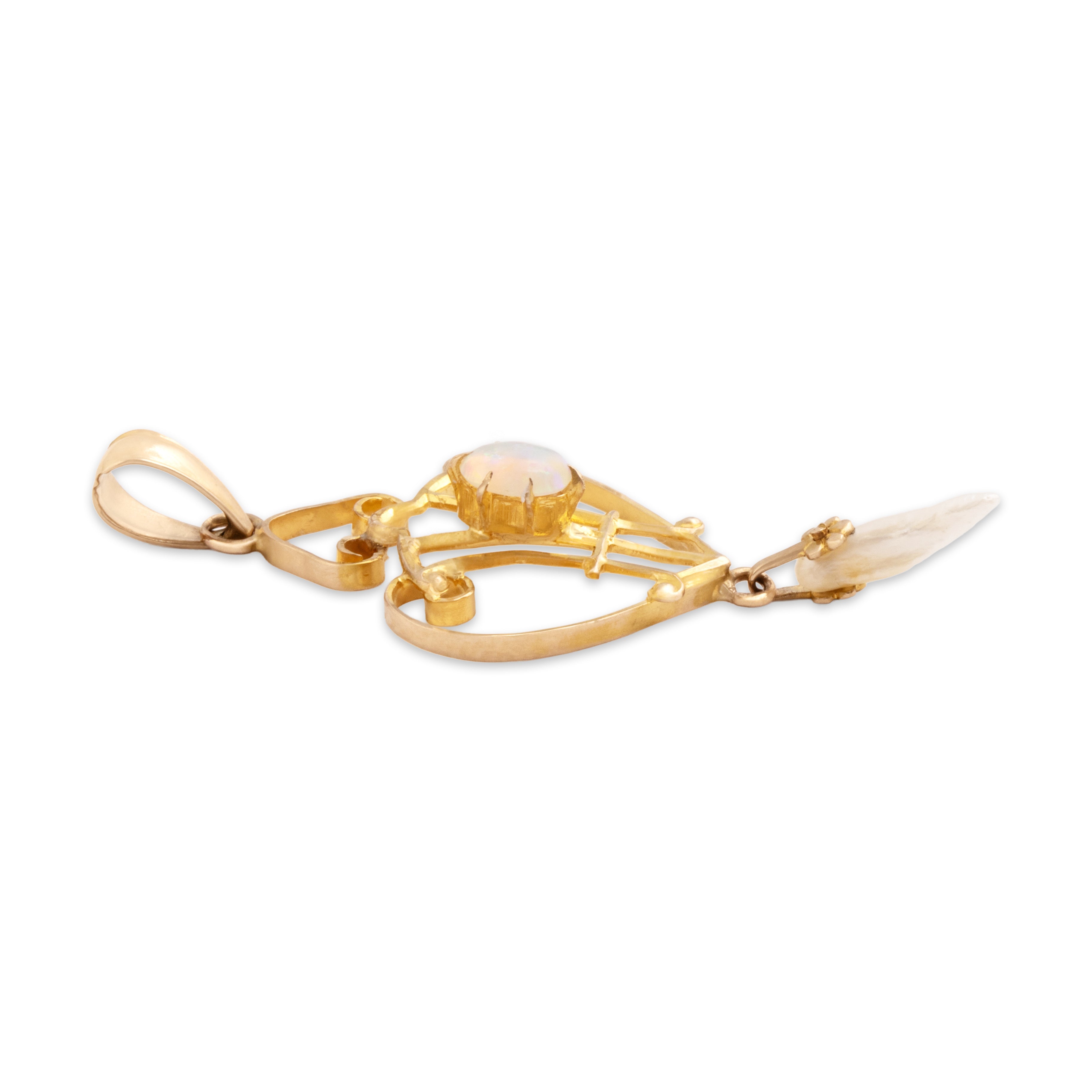 Antique Lightweight 10k Yellow Gold Opal Seed Pearl Delicate Ornate Dangle Pendant - Side view