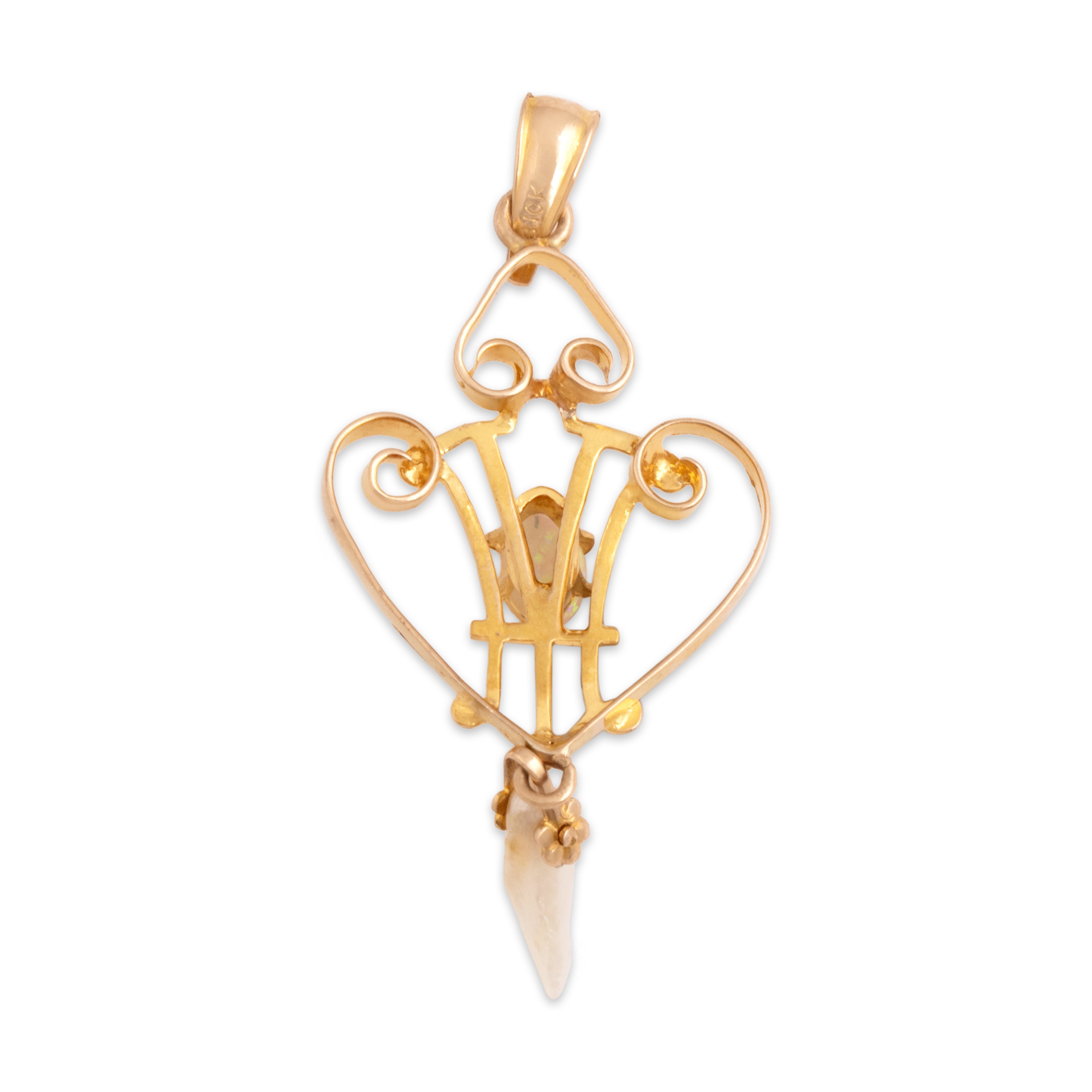 Antique Lightweight 10k Yellow Gold Opal Seed Pearl Delicate Ornate Dangle Pendant - Back view