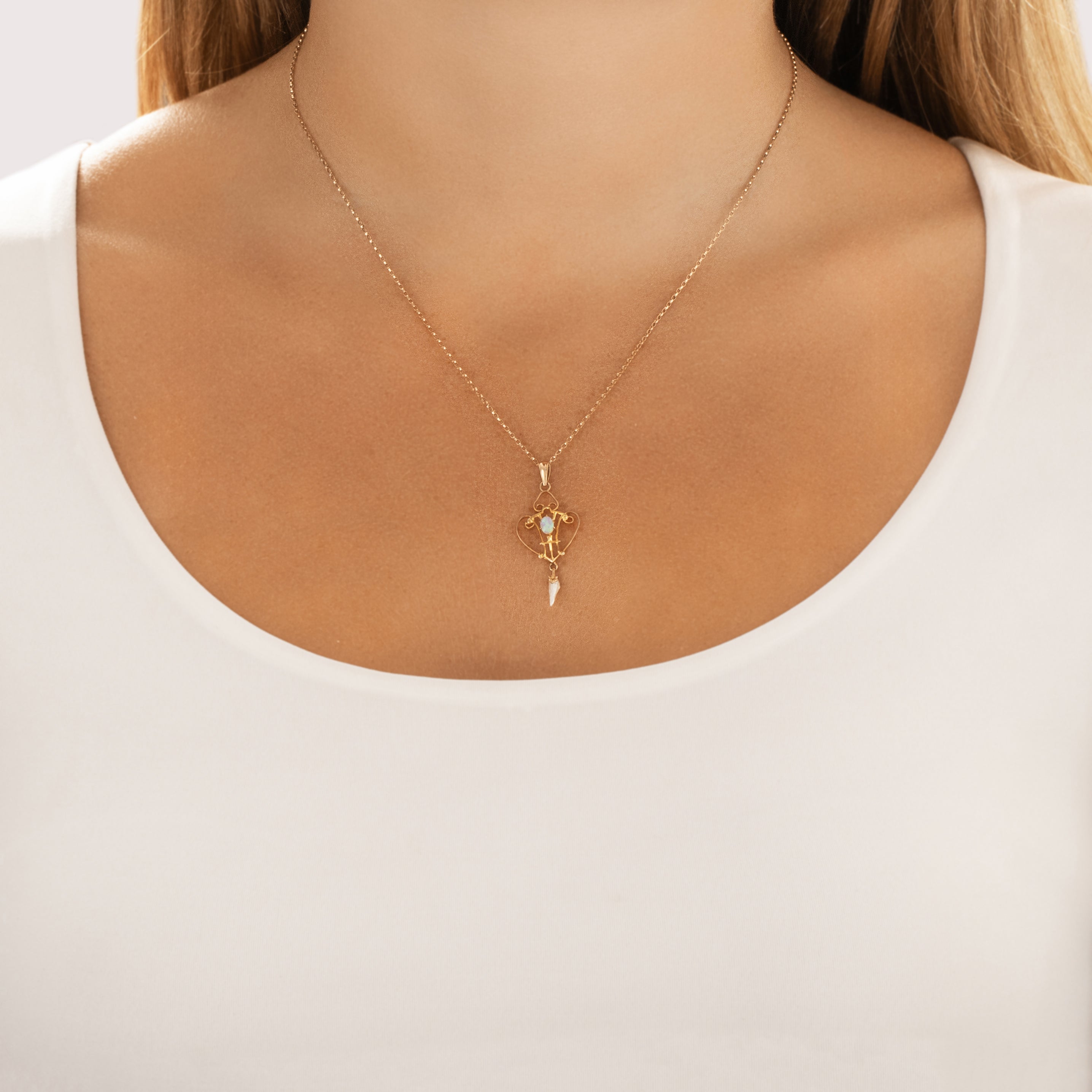 Antique Lightweight 10k Yellow Gold Opal Seed Pearl Delicate Ornate Dangle Pendant - On model view
