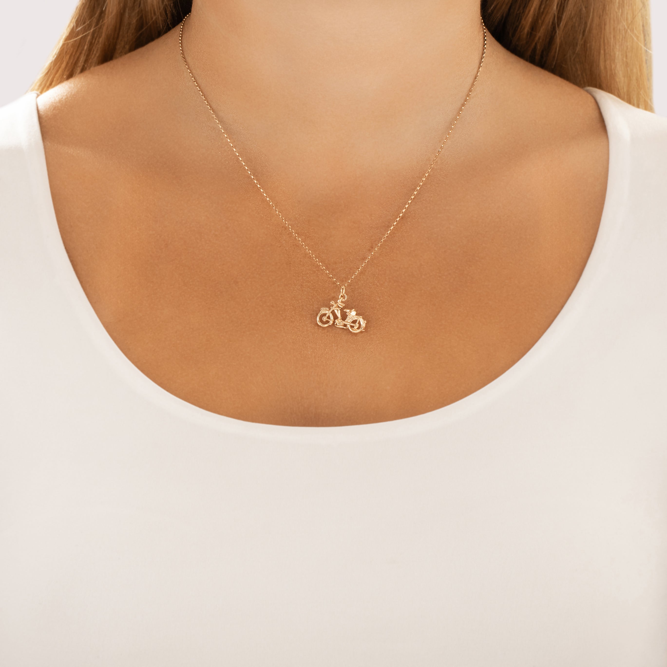 Vintage English 9k Rosy Yellow Gold Speedy Bicycle Charm / Pendant - On model view