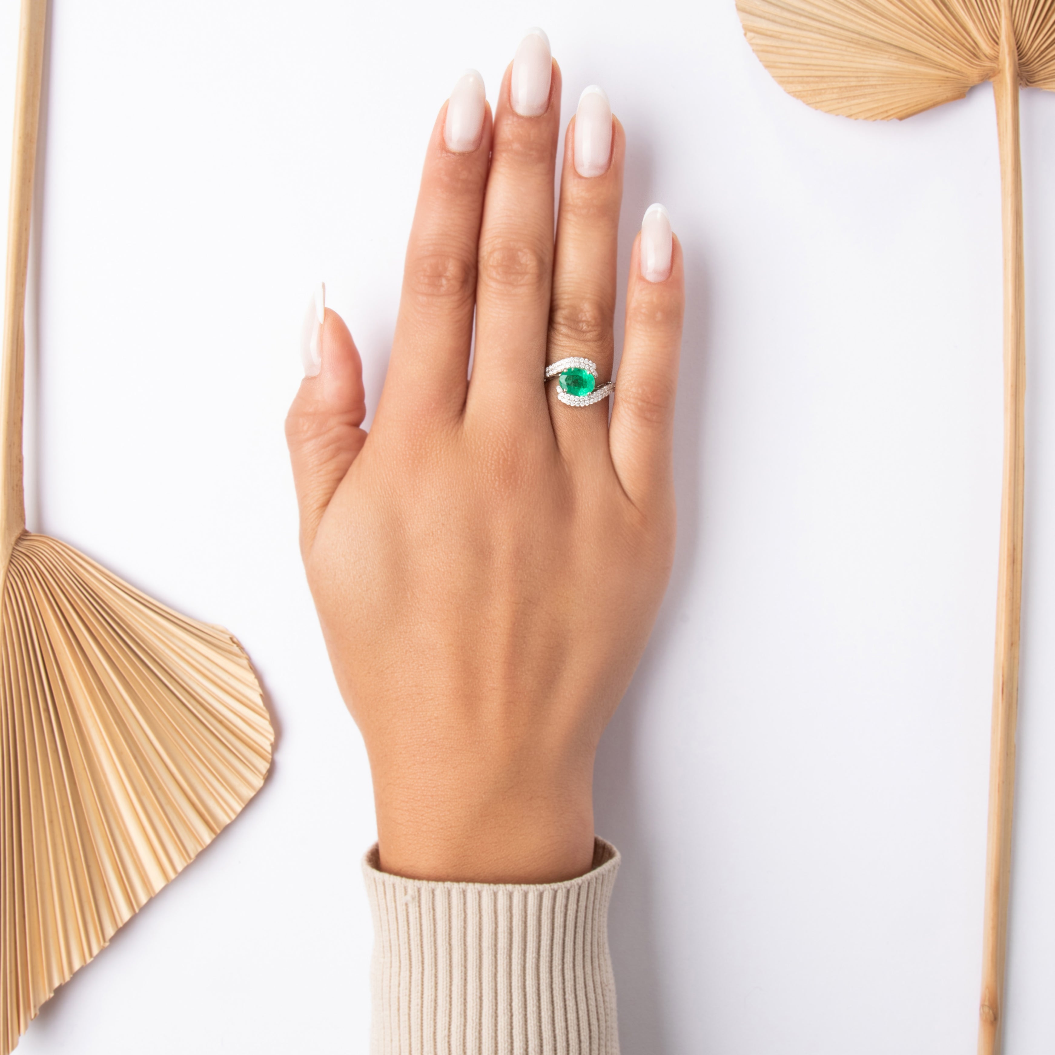 Vintage 14k White Gold 1.42ct Emerald Diamond East-West Evergreen Pavã© Bypass Ring - On model view