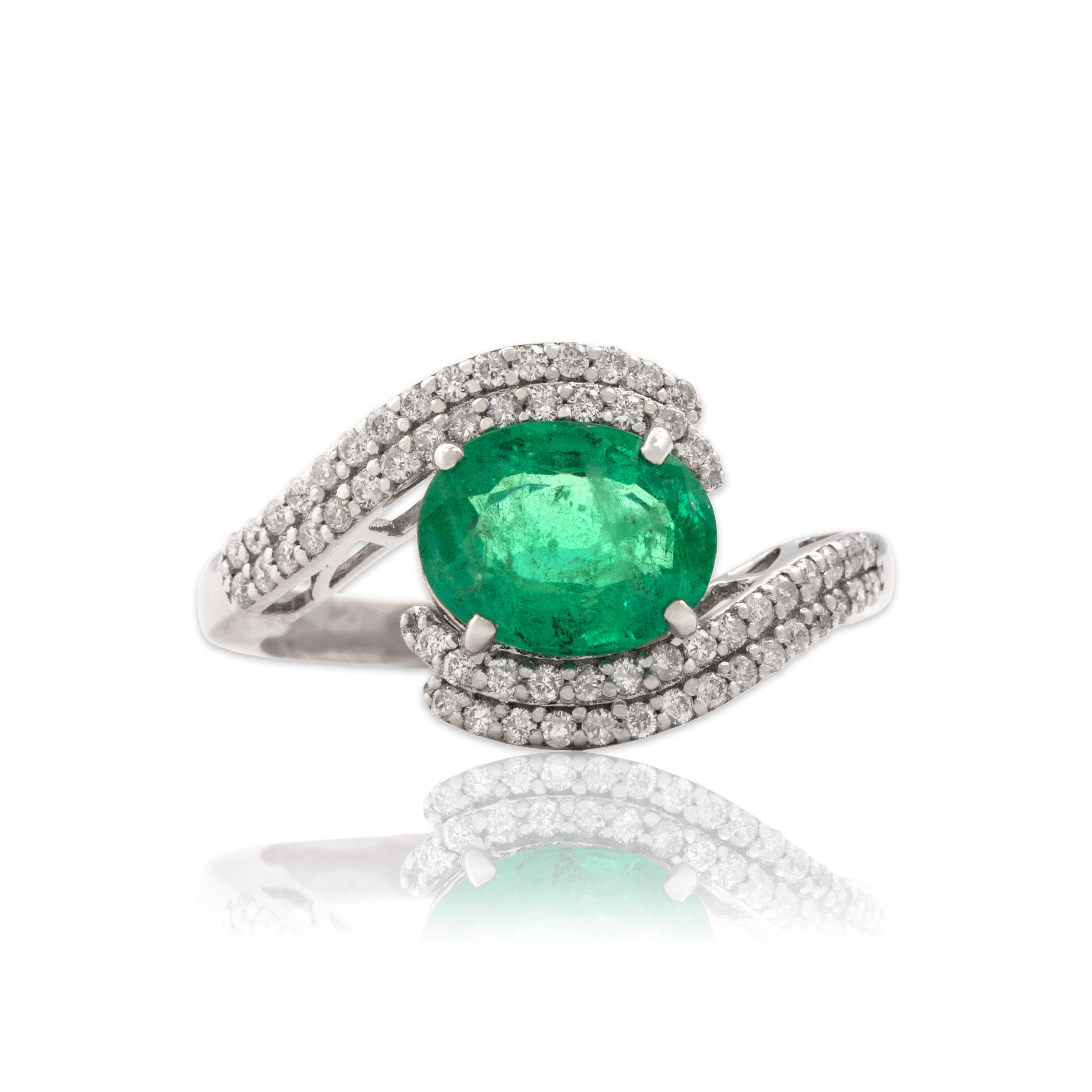 Vintage 14k White Gold 1.42ct Emerald Diamond East-West Pavé Bypass Ring 7.25