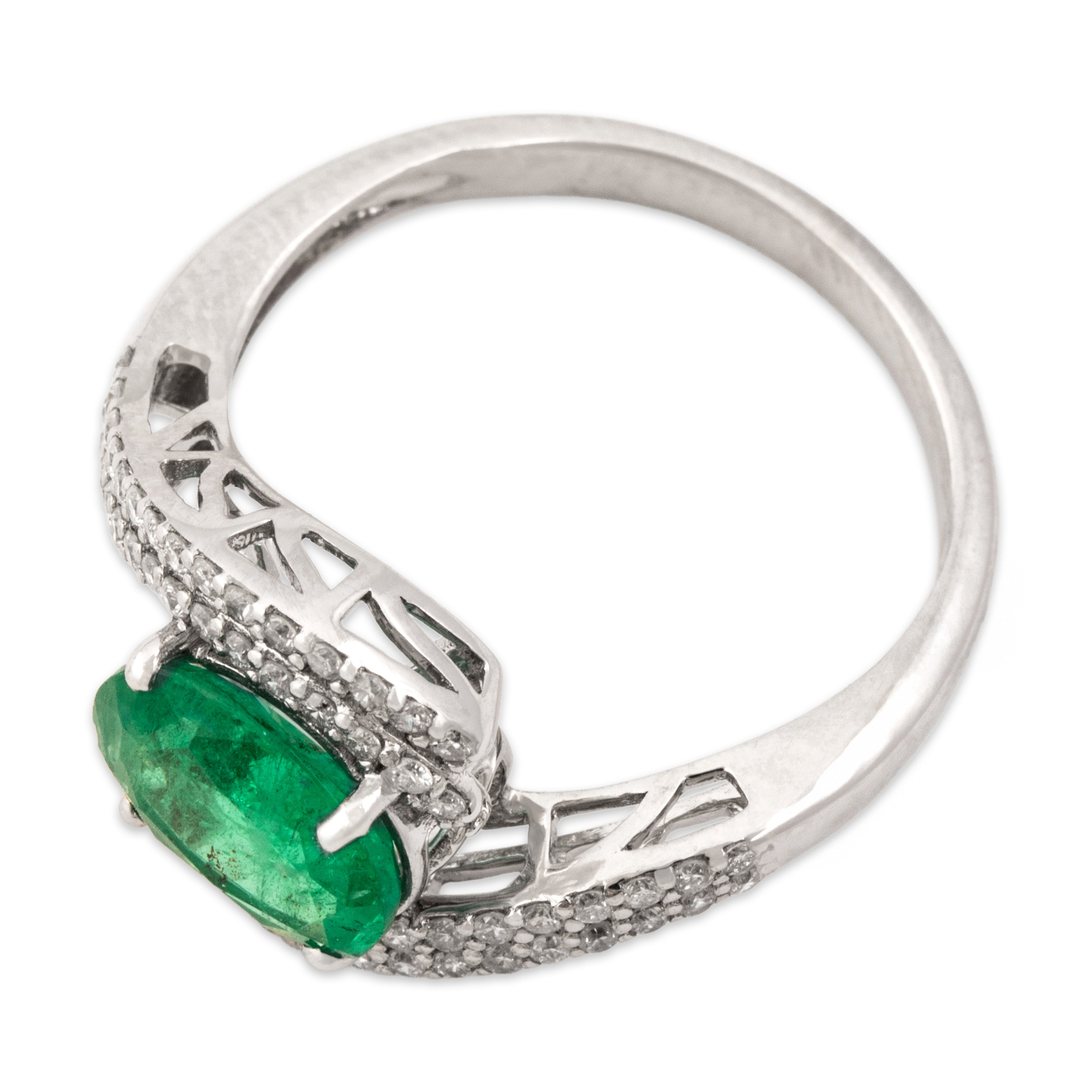 Vintage 14k White Gold 1.42ct Emerald Diamond East-West Evergreen Pavã© Bypass Ring - Overall view