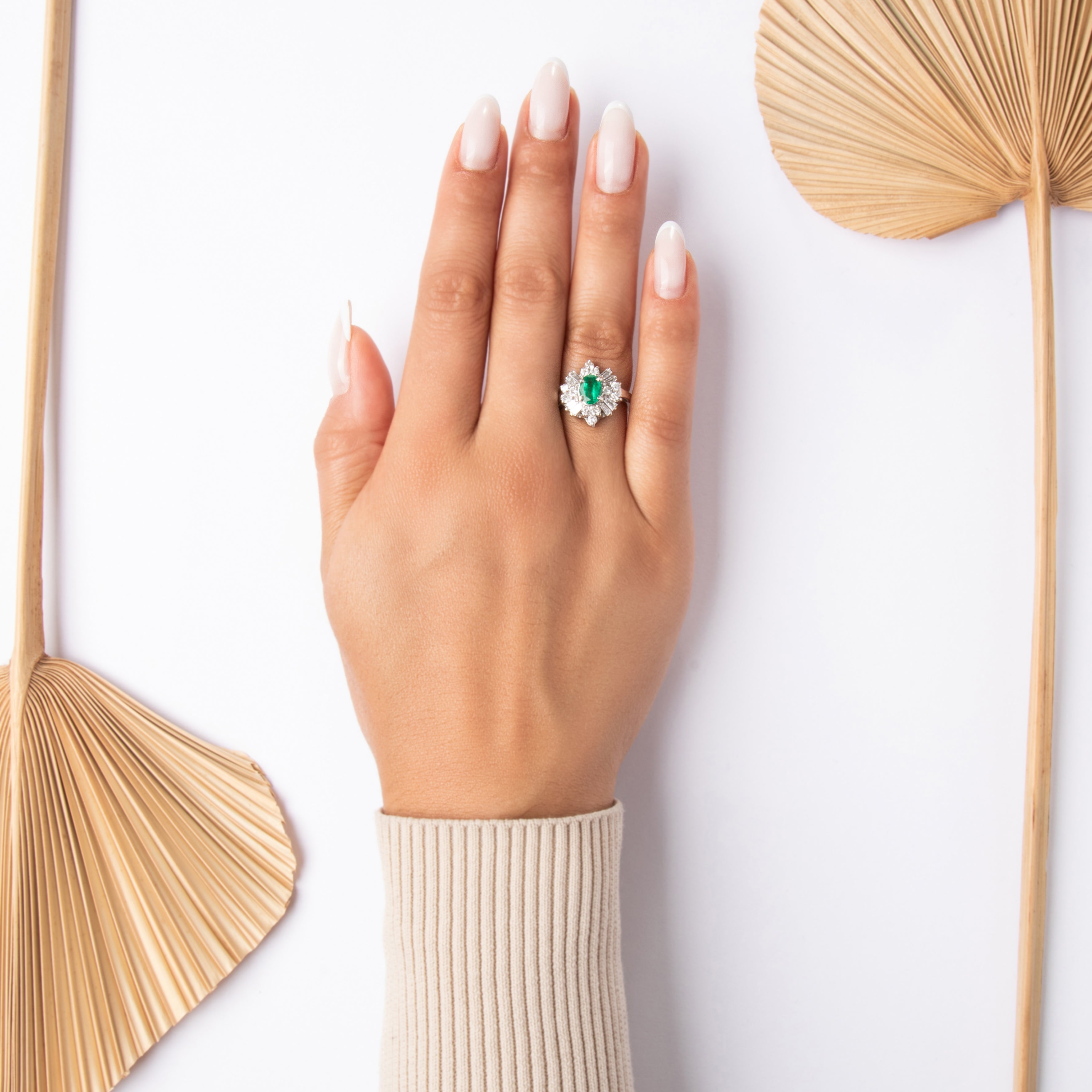 Vintage 14k White Gold .82cttw Diamond .76ct Emerald Dazzling Baguette Spray Halo Ring - On model view