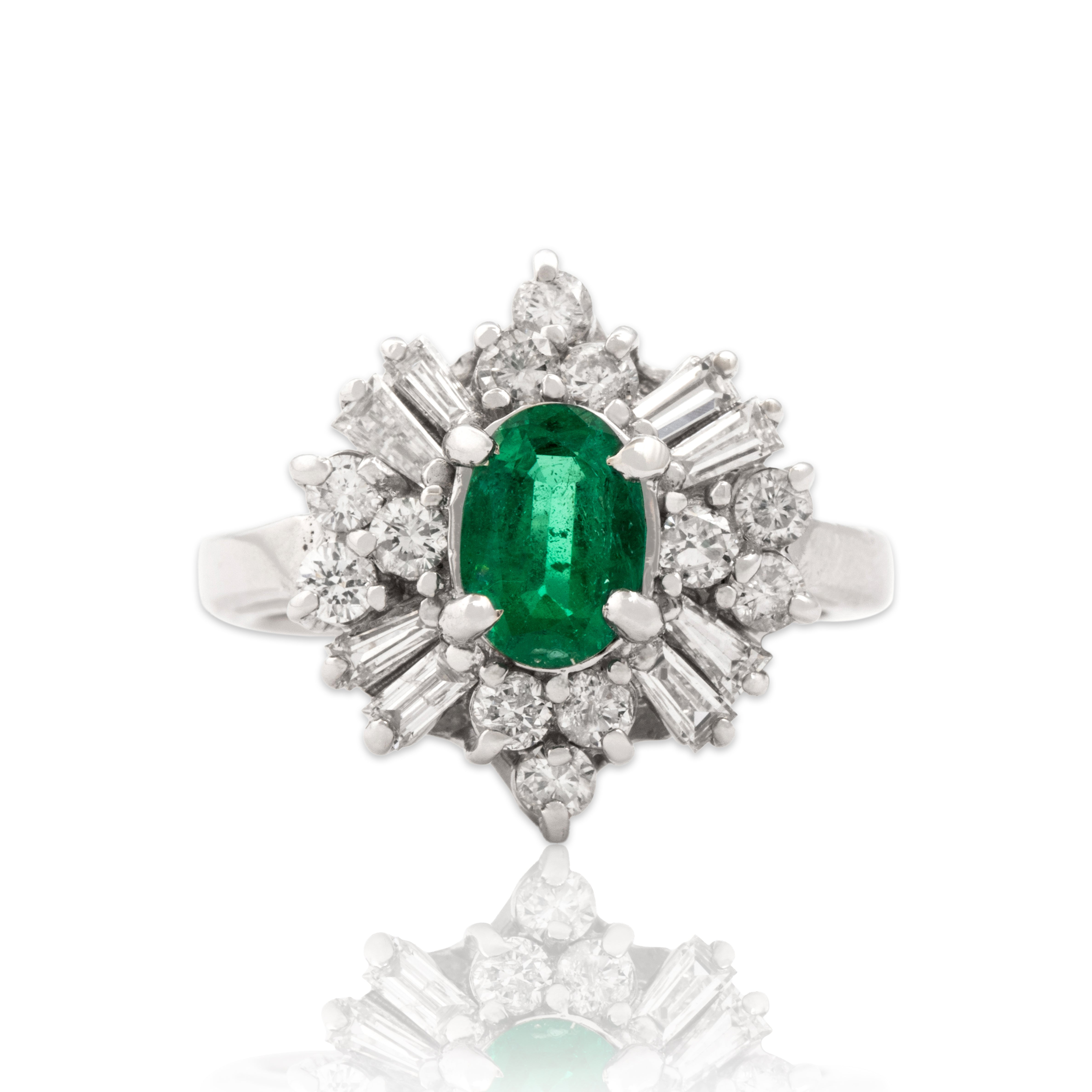 Vintage 14k White Gold .82cttw Diamond .76ct Emerald Dazzling Baguette Spray Halo Ring - Close-up view