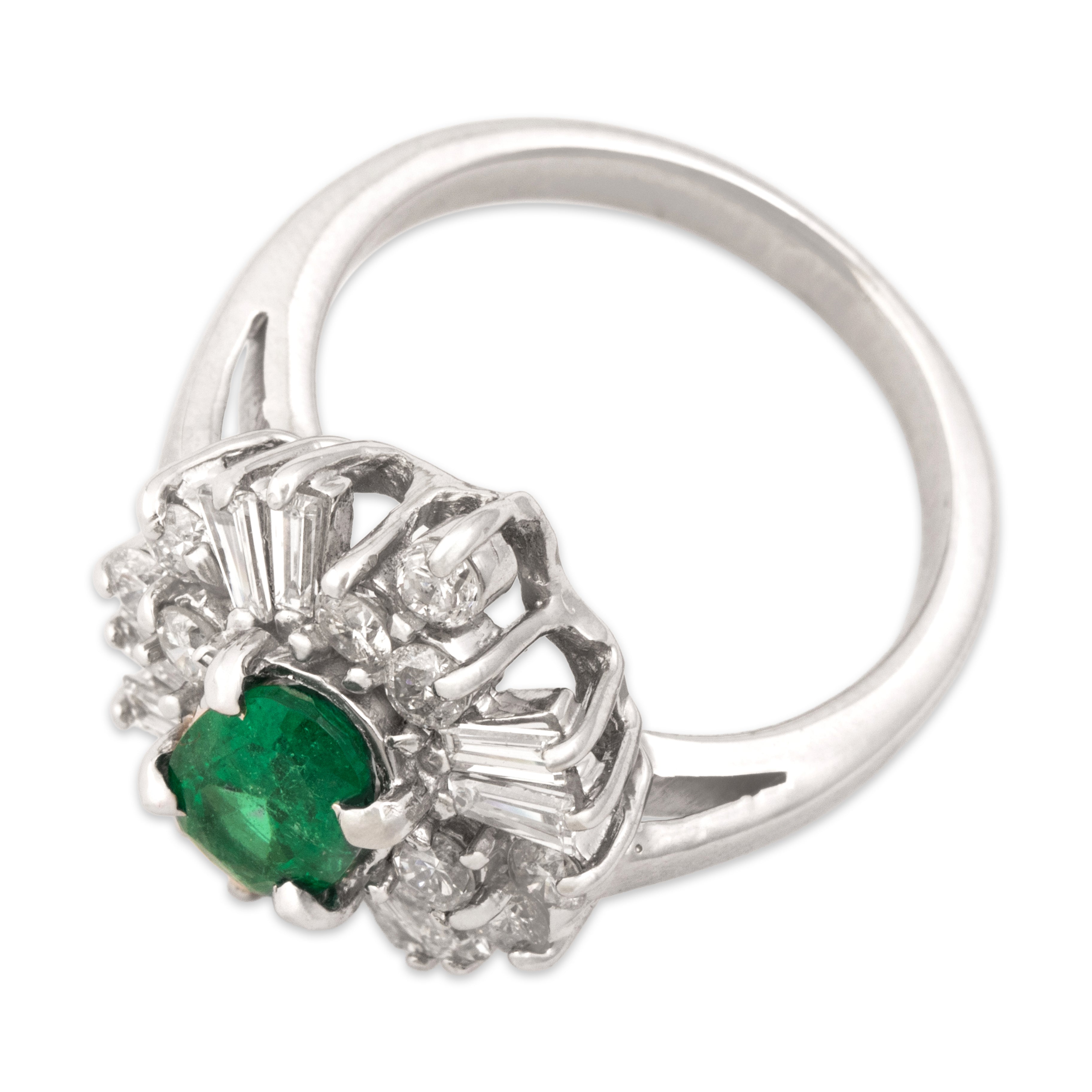 Vintage 14k White Gold .82cttw Diamond .76ct Emerald Dazzling Baguette Spray Halo Ring - Overall view