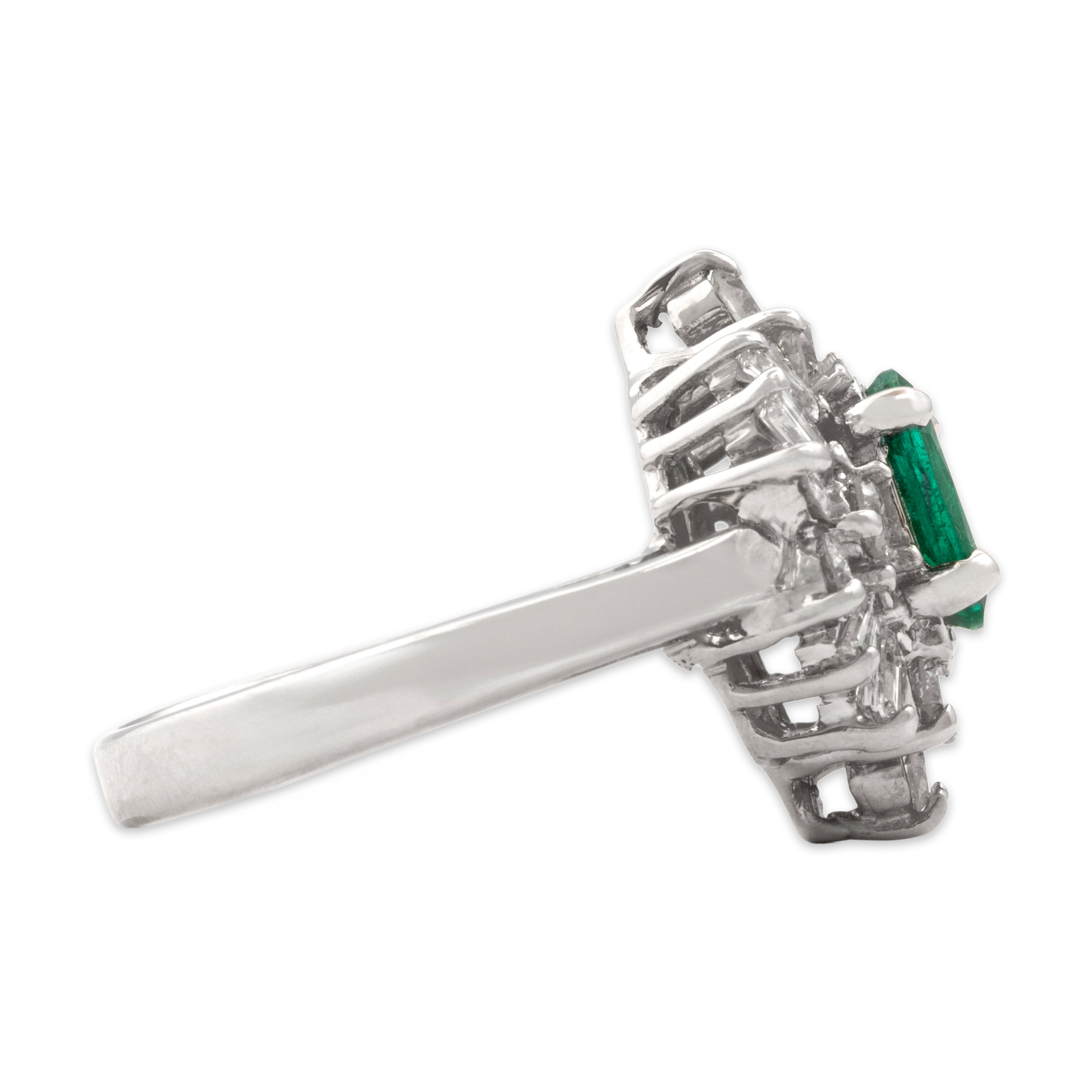 Vintage 14k White Gold .82cttw Diamond .76ct Emerald Dazzling Baguette Spray Halo Ring - Side view