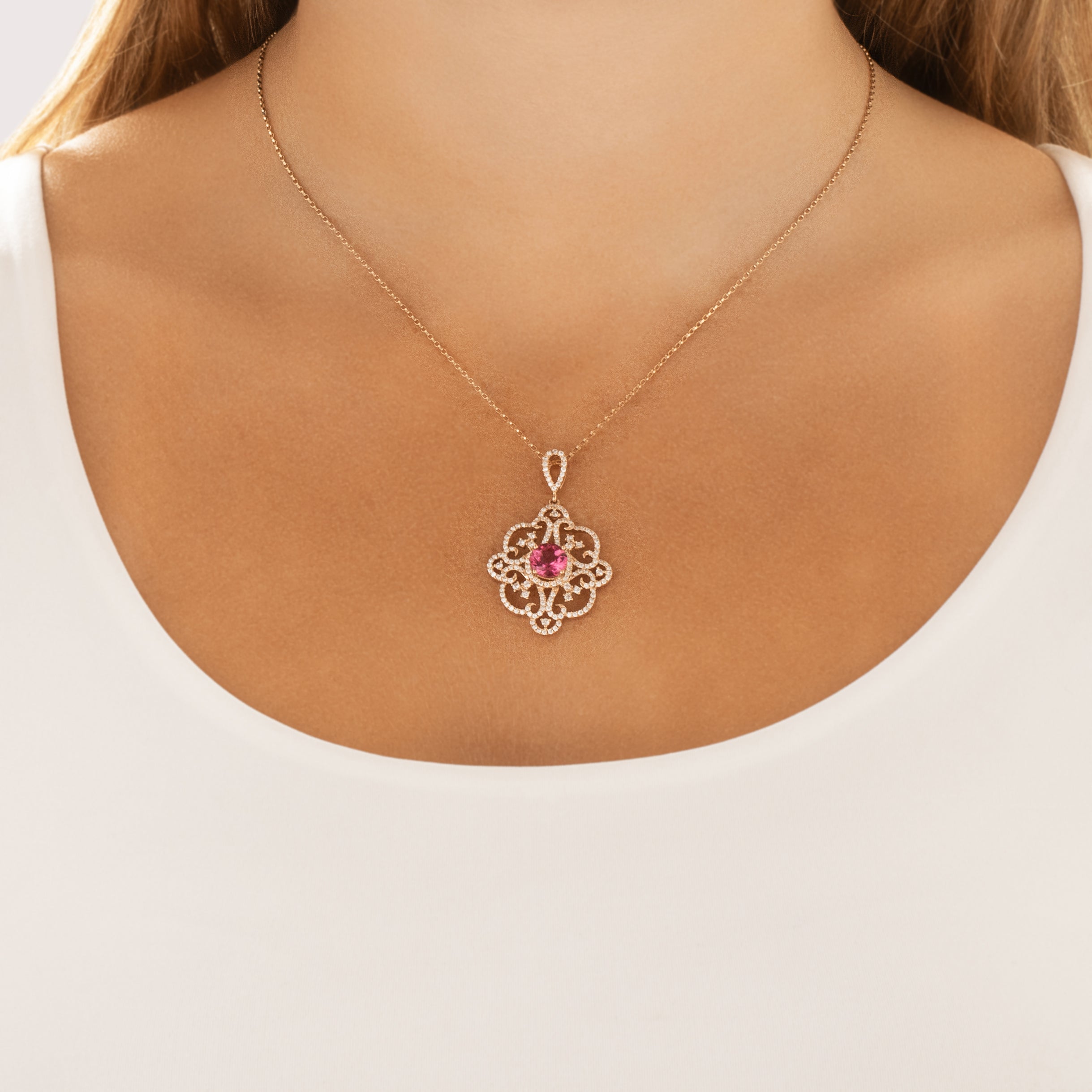 Estate Large 14k Rose Gold 1.92ct Pink Tourmaline .85cttw Diamond Ornate Dazzling Flourish Pendant - On model view