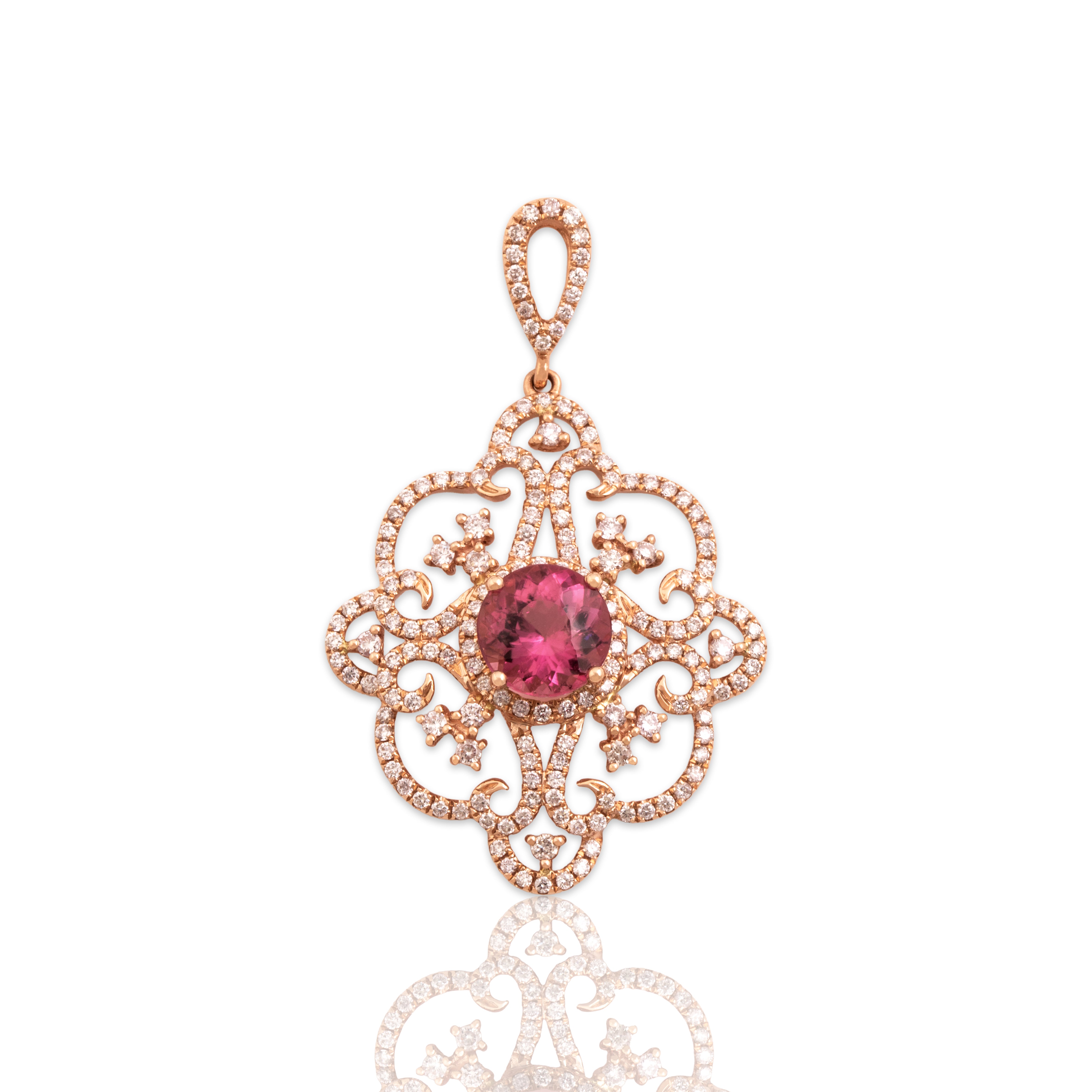 Estate Large 14k Rose Gold 1.92ct Pink Tourmaline .85cttw Diamond Ornate Pendant