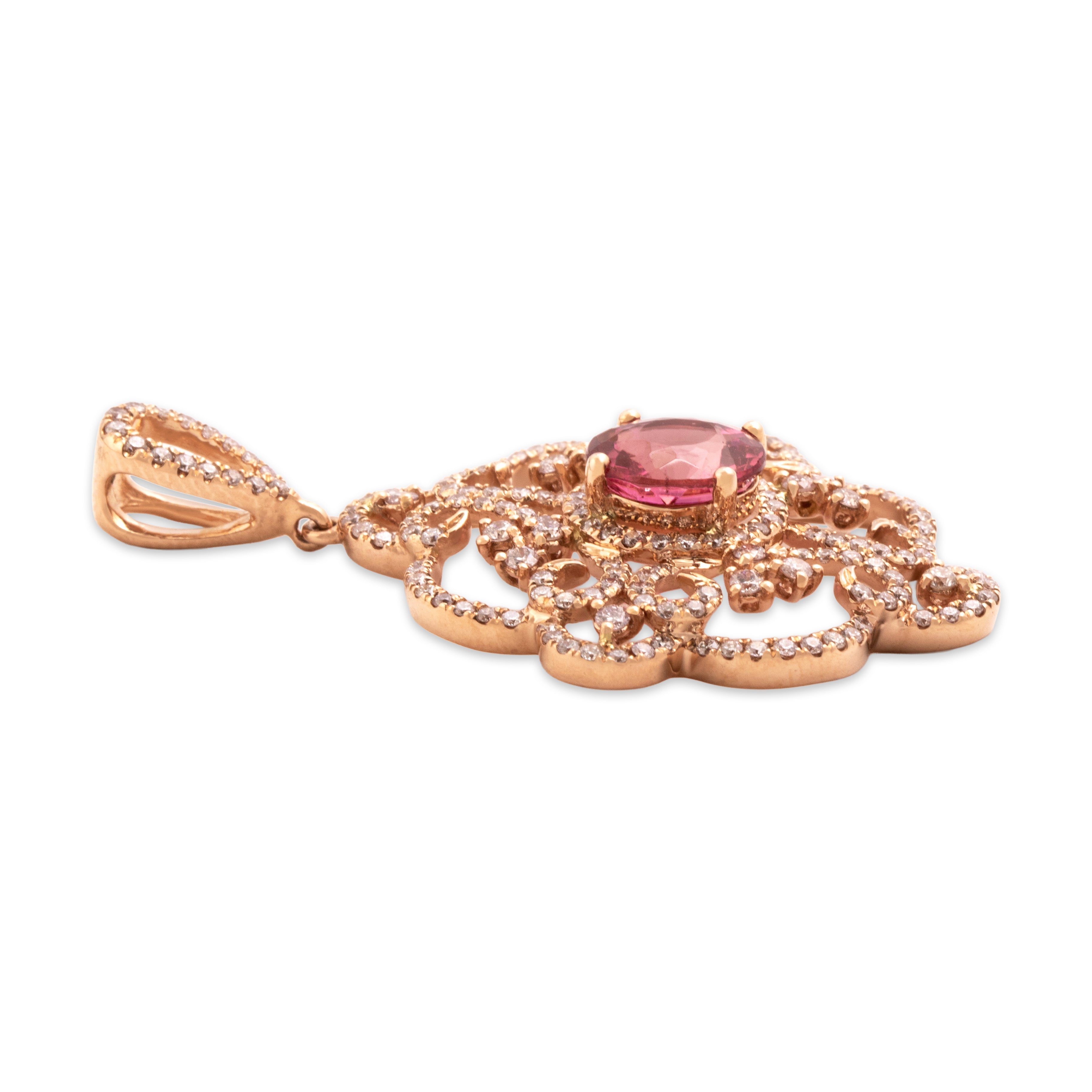 Estate Large 14k Rose Gold 1.92ct Pink Tourmaline .85cttw Diamond Ornate Dazzling Flourish Pendant - Side view
