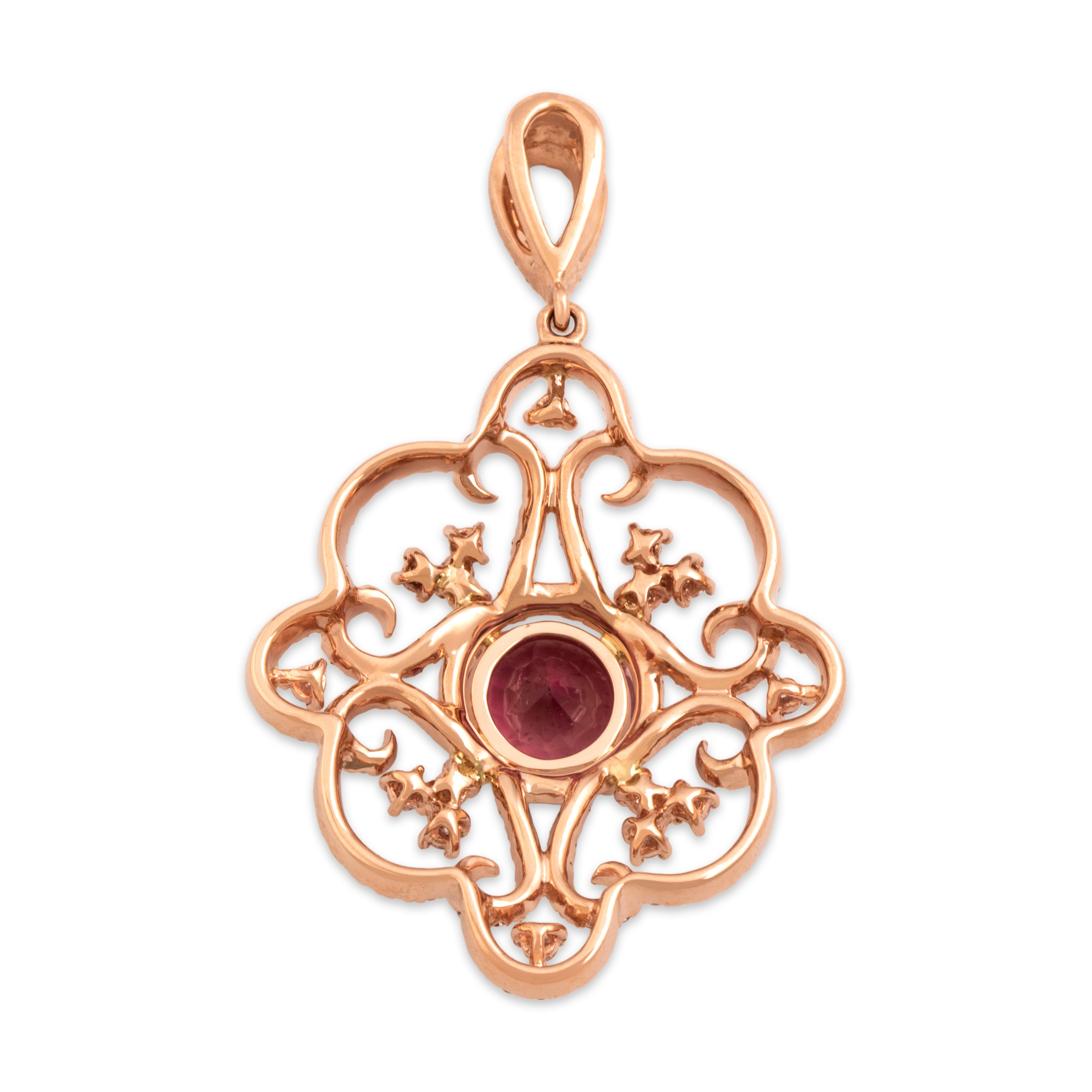 Estate Large 14k Rose Gold 1.92ct Pink Tourmaline .85cttw Diamond Ornate Dazzling Flourish Pendant - Back view