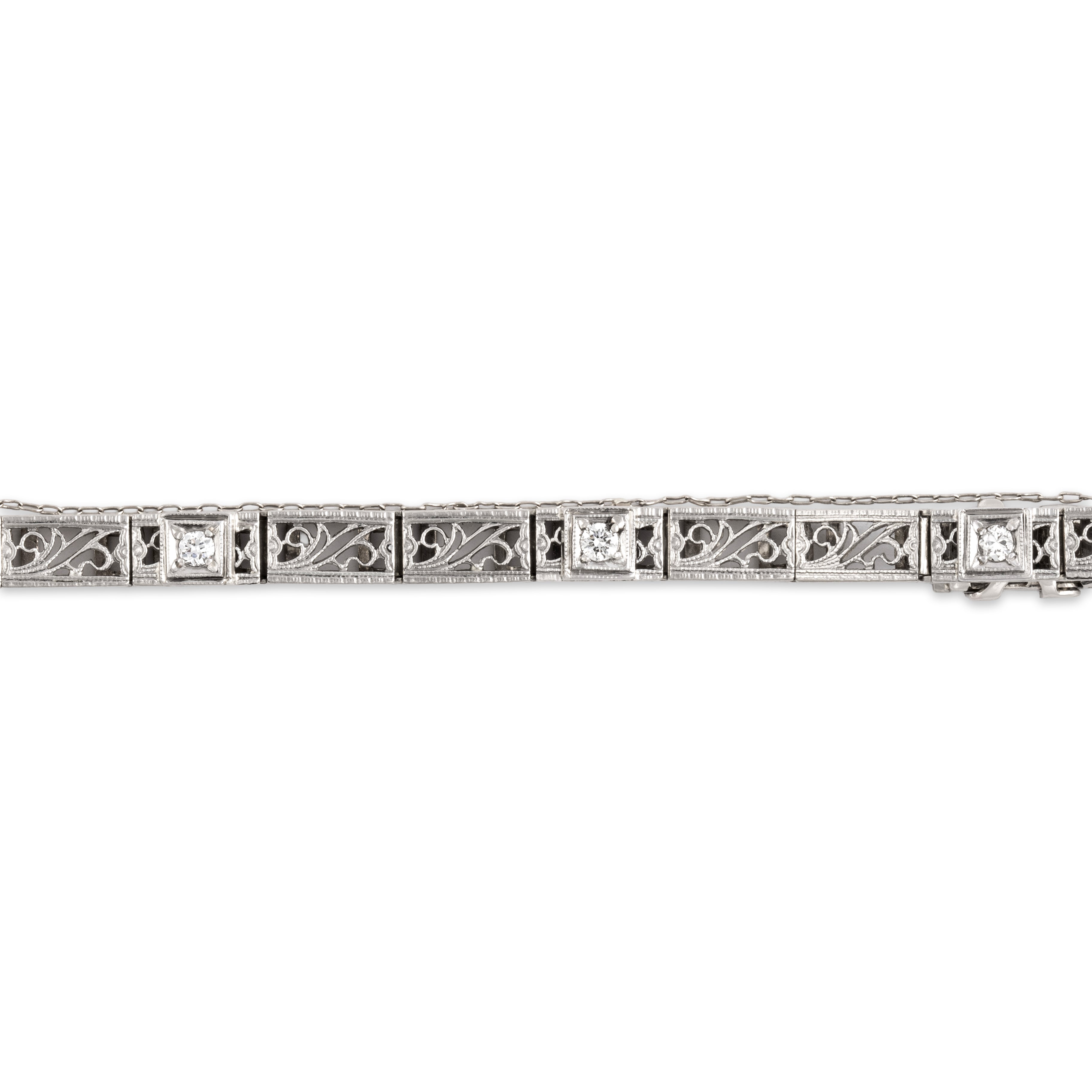 Antique Art Deco 14k White Gold Diamond Fantastic Detailed Filigree Link Bracelet - detail view #1