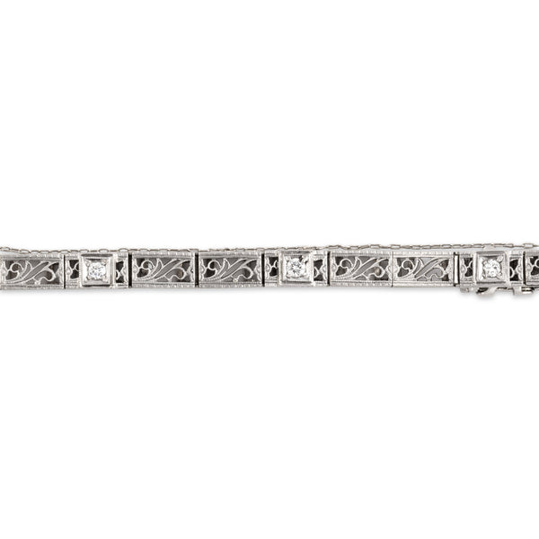 Antique Art Deco 14k White Gold Diamond Fantastic Detailed Filigree Bracelet 6.5