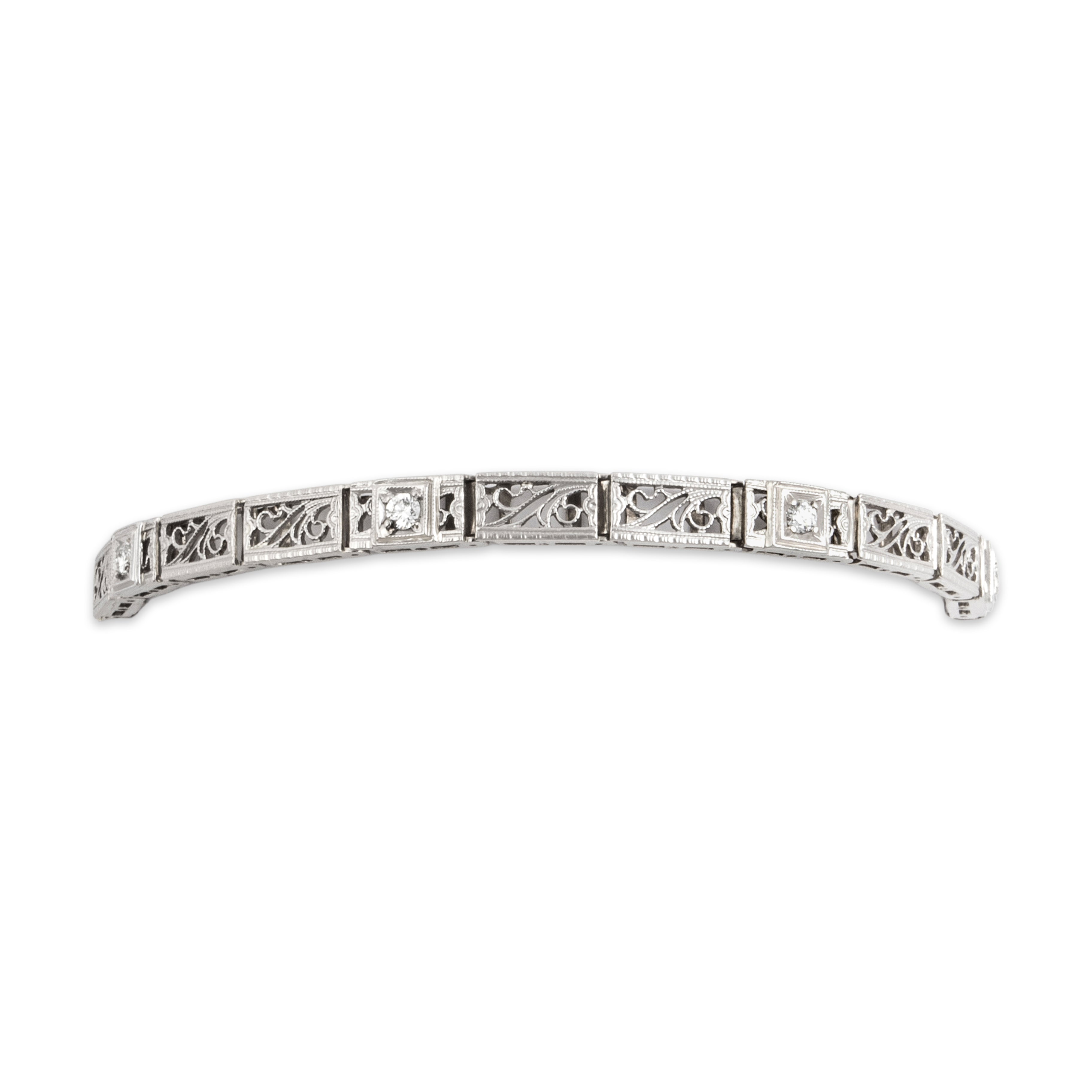 Antique Art Deco 14k White Gold Diamond Fantastic Detailed Filigree Bracelet 6.5