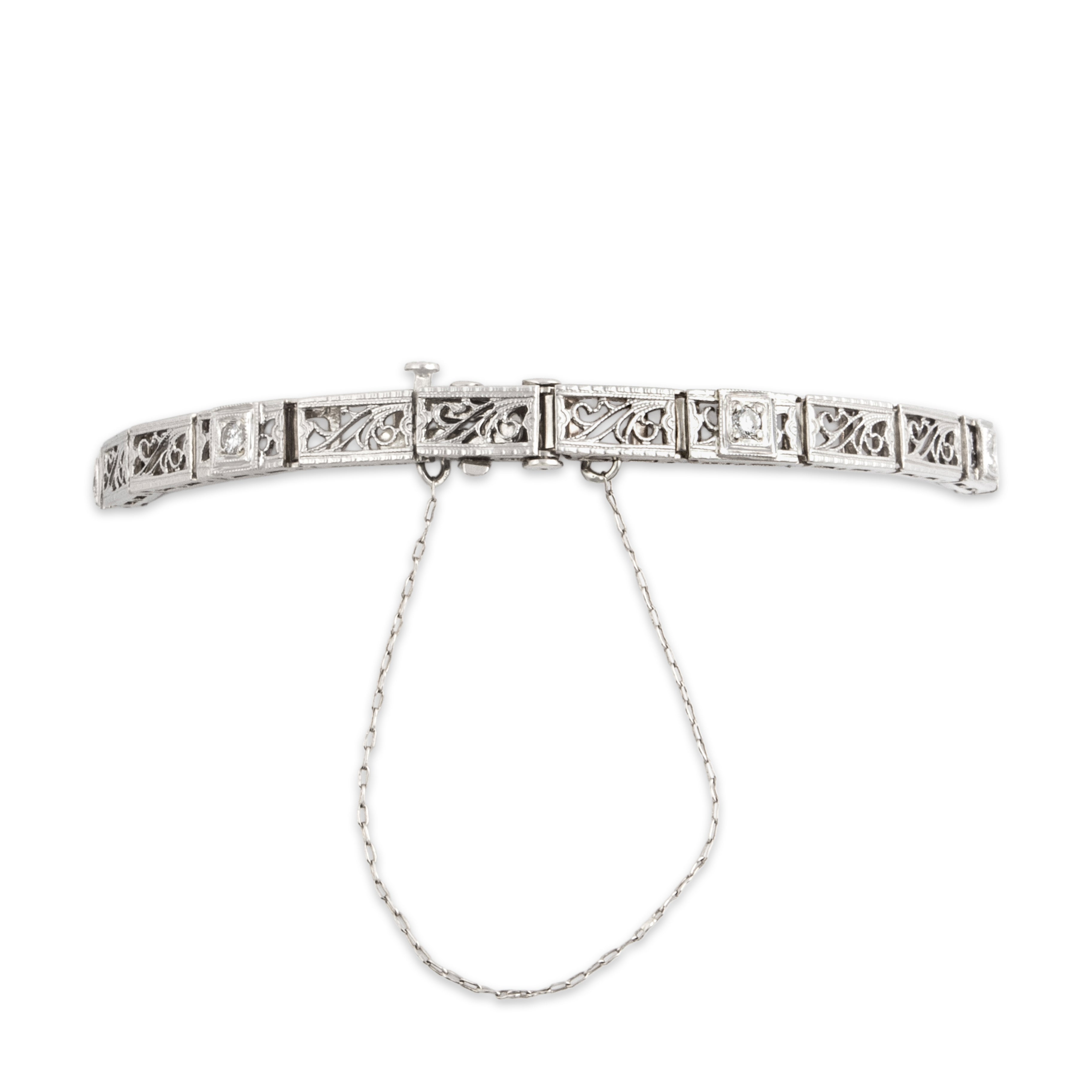 Antique Art Deco 14k White Gold Diamond Fantastic Detailed Filigree Bracelet 6.5