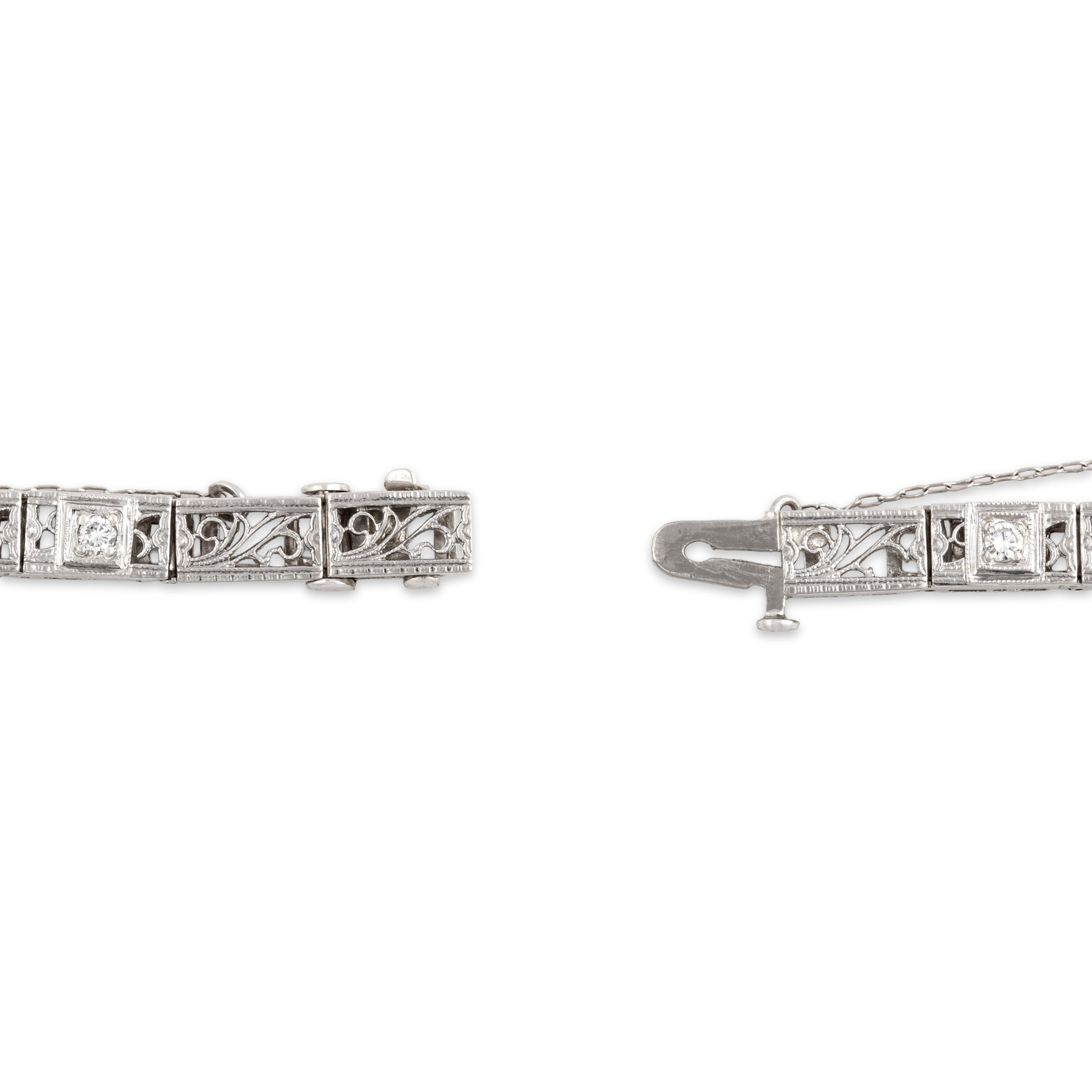Antique Art Deco 14k White Gold Diamond Fantastic Detailed Filigree Link Bracelet - clasp view