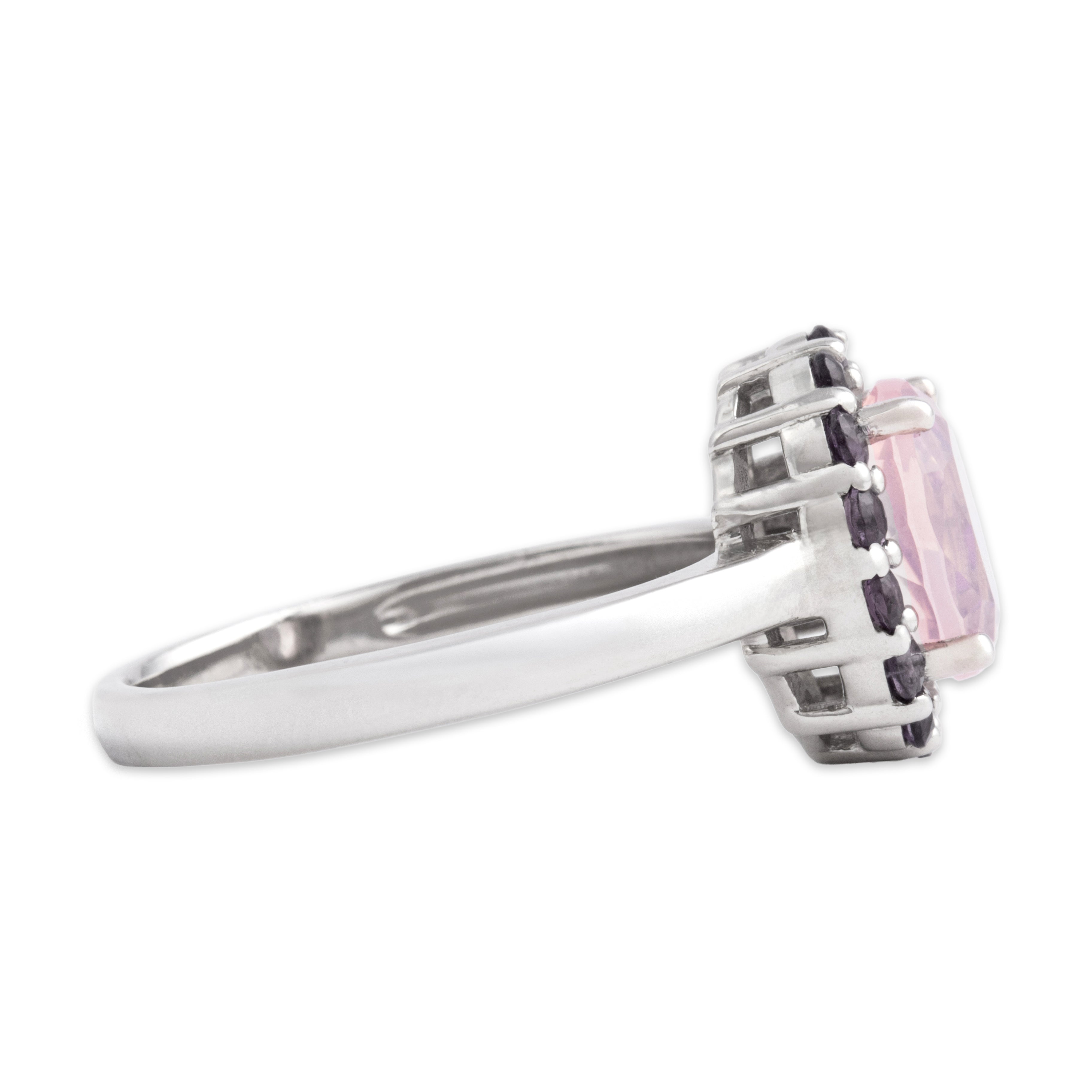 Estate 14k White Gold 1.62ct Rose Quartz Amethyst Flashing Oval Halo Ring - Side view