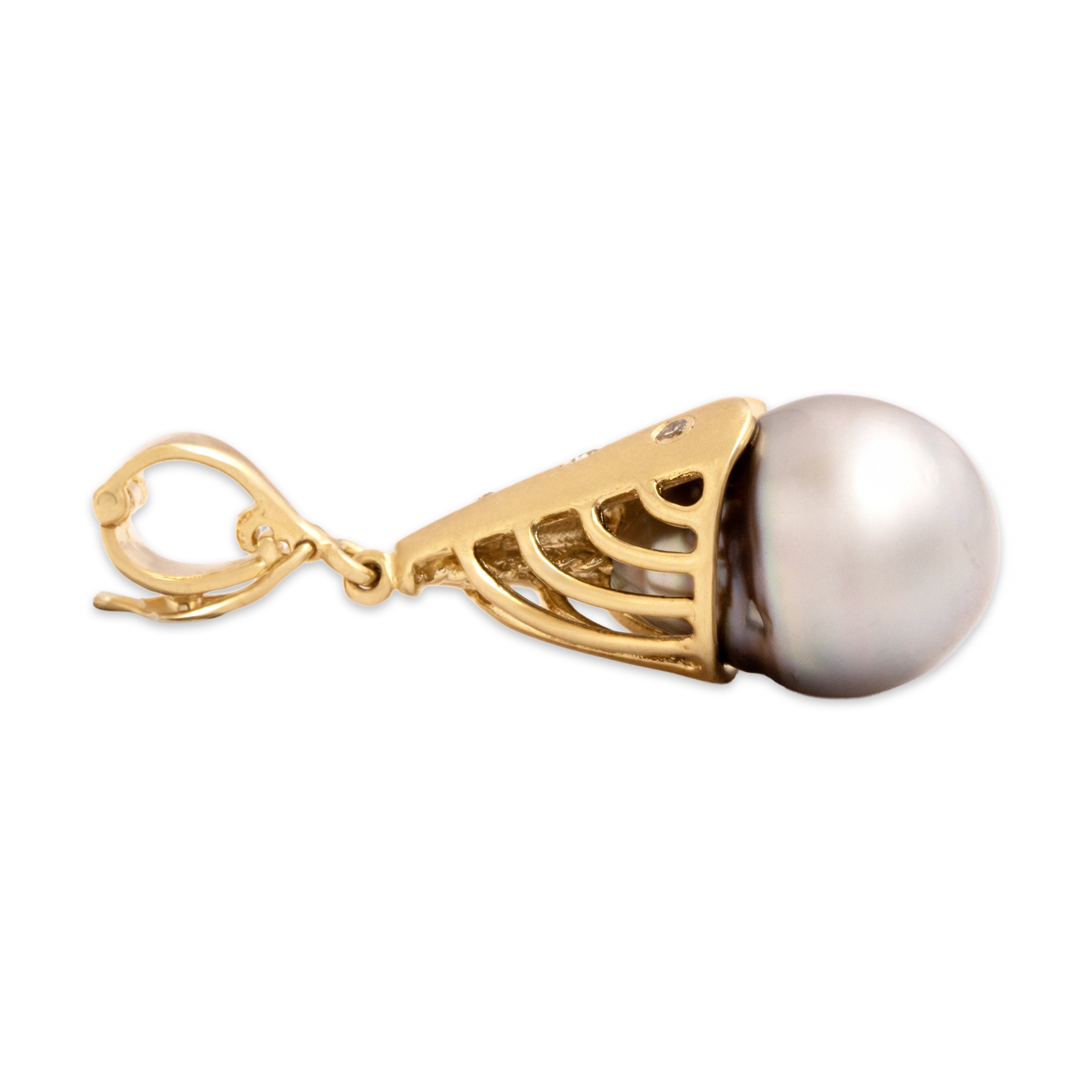 Vintage 14k Yellow Gold Tahitian Baroque Pearl Diamond Brushed Artistic Dangle Enhancer Pendant - Side view