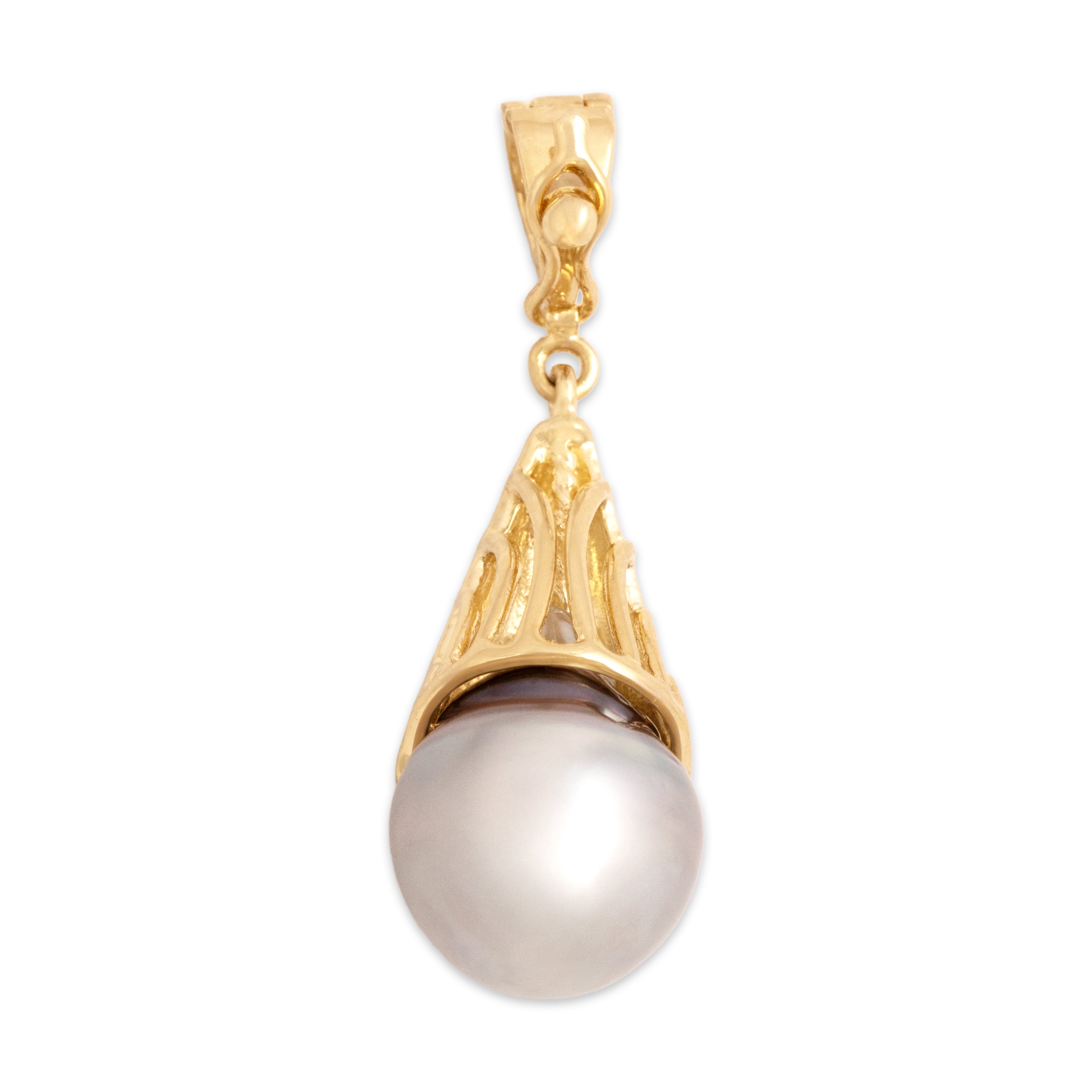 Vintage 14k Yellow Gold Tahitian Baroque Pearl Diamond Brushed Artistic Dangle Enhancer Pendant - Overall view