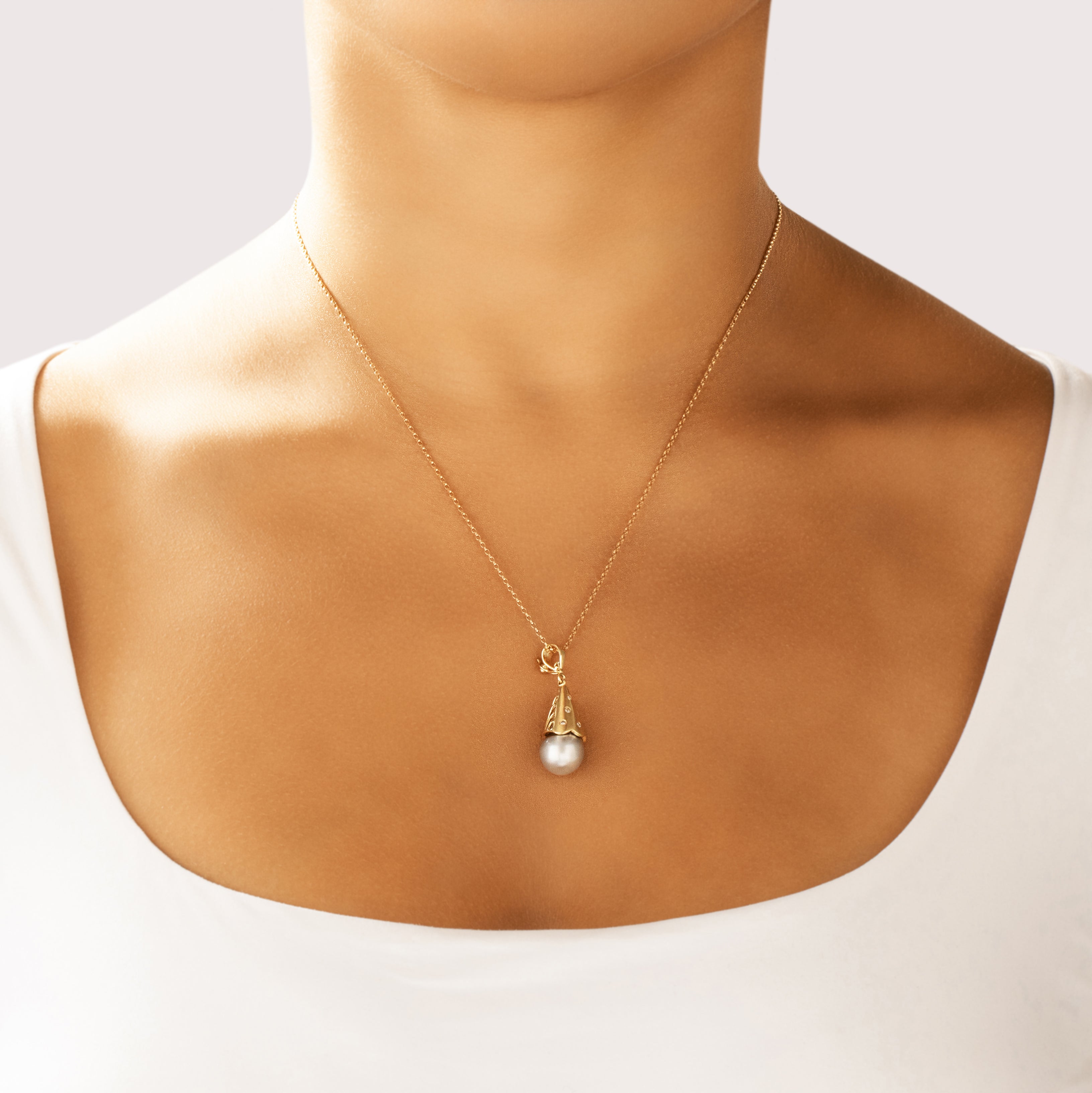Vintage 14k Yellow Gold Tahitian Baroque Pearl Diamond Brushed Artistic Dangle Enhancer Pendant - On model view