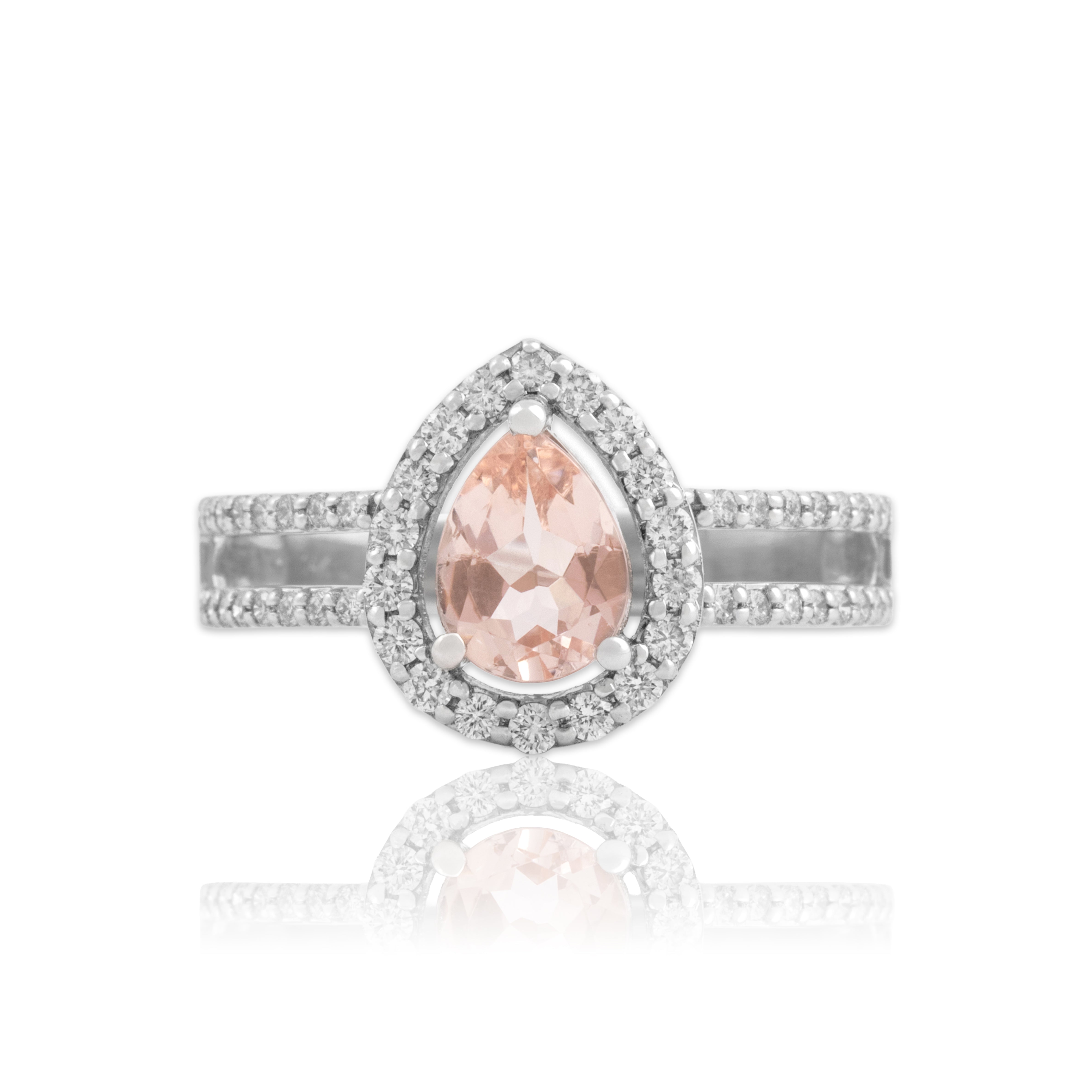 Estate 14k White Gold .82ct Morganite Diamond Open Shoulder Pear Halo Ring - Close-up view