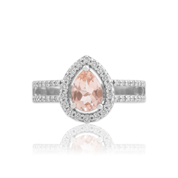 Estate 14k White Gold .82ct Morganite Diamond Open Shoulder Pear Halo Ring 8.75