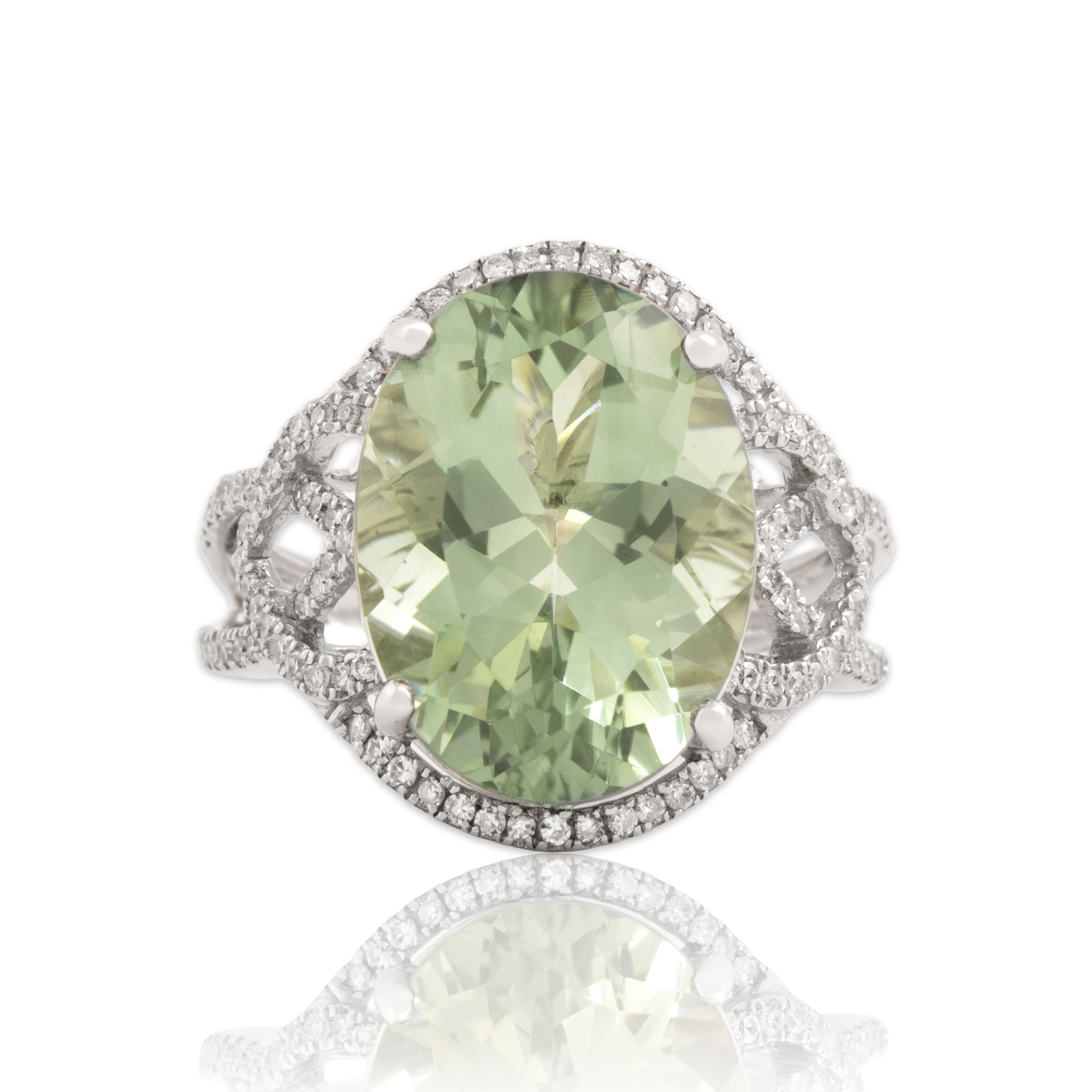 Estate Large 14k White Gold 8.75ct Prasiolite Diamond Ornate Cocktail Ring 7.25
