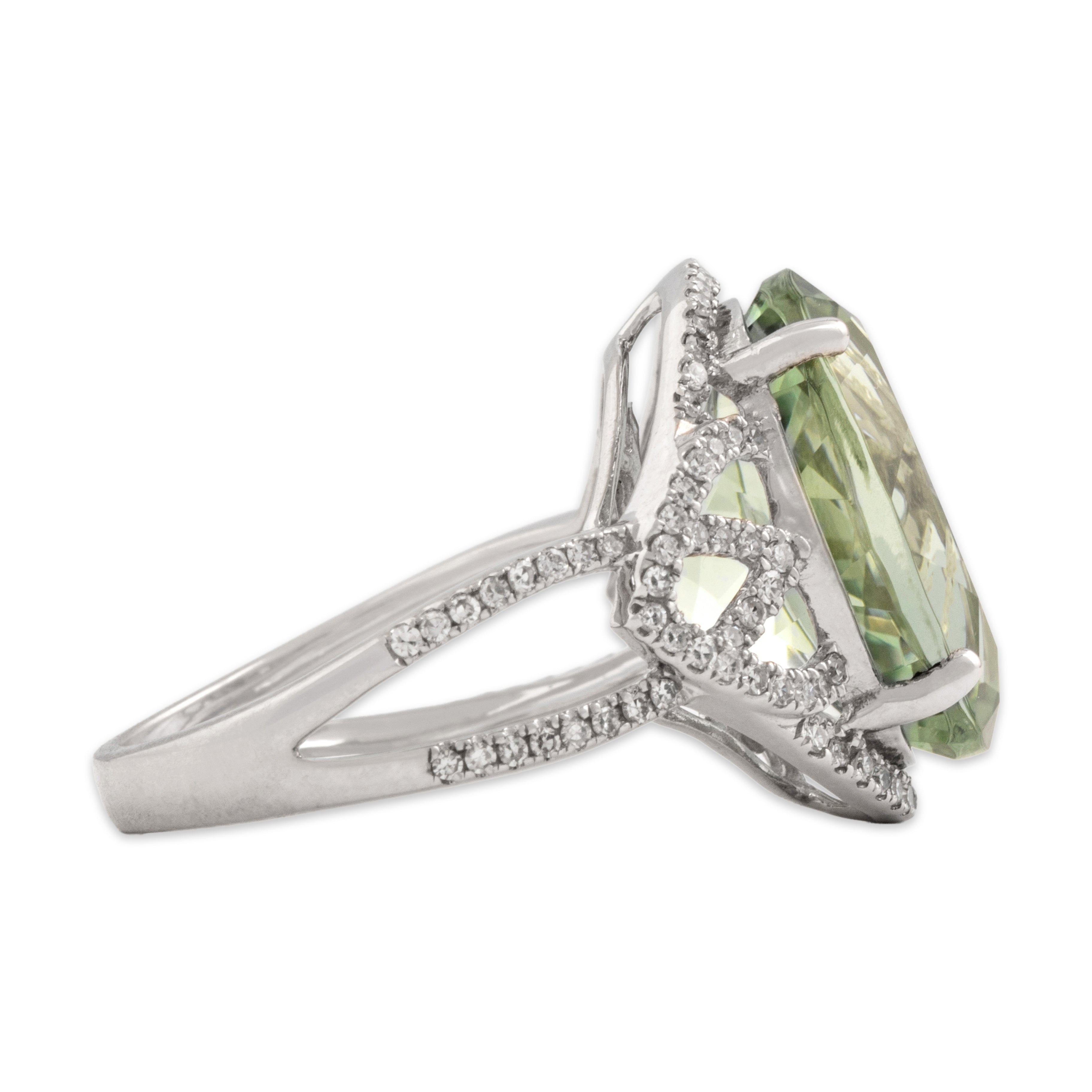 Estate Large 14k White Gold 8.75ct Prasiolite Diamond Ornate Cocktail Ring 7.25