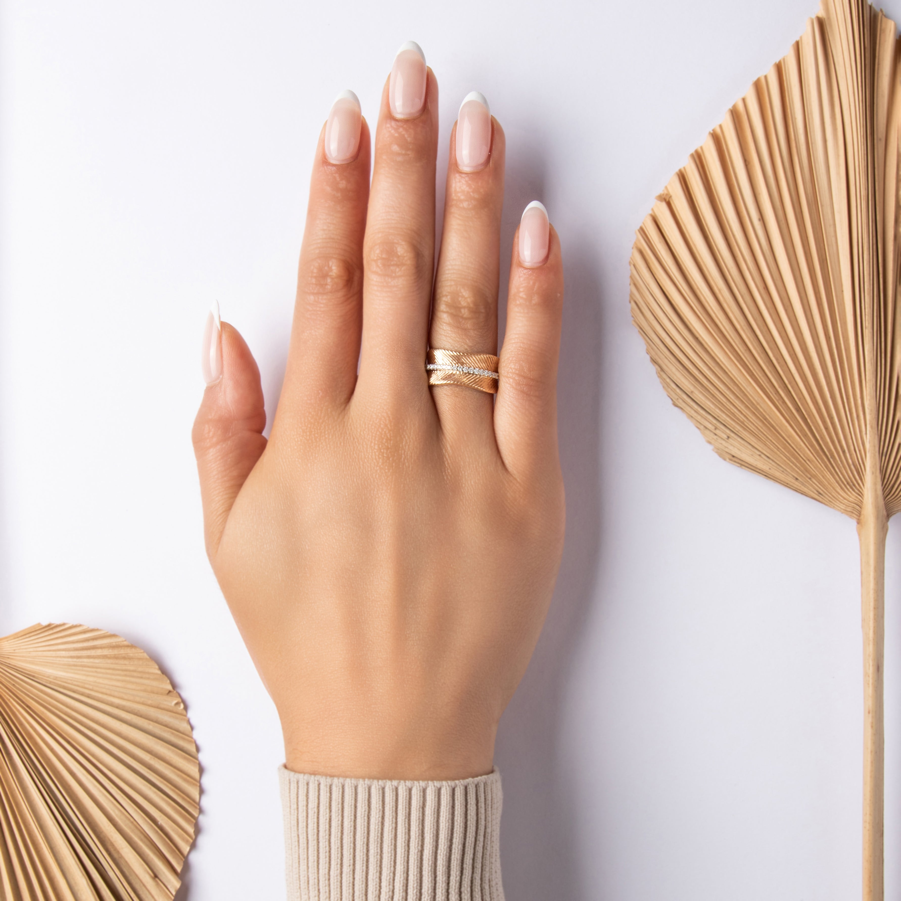 Estate 14k Yellow Gold Diamond Artistic Ribbed Band Ring - On model view