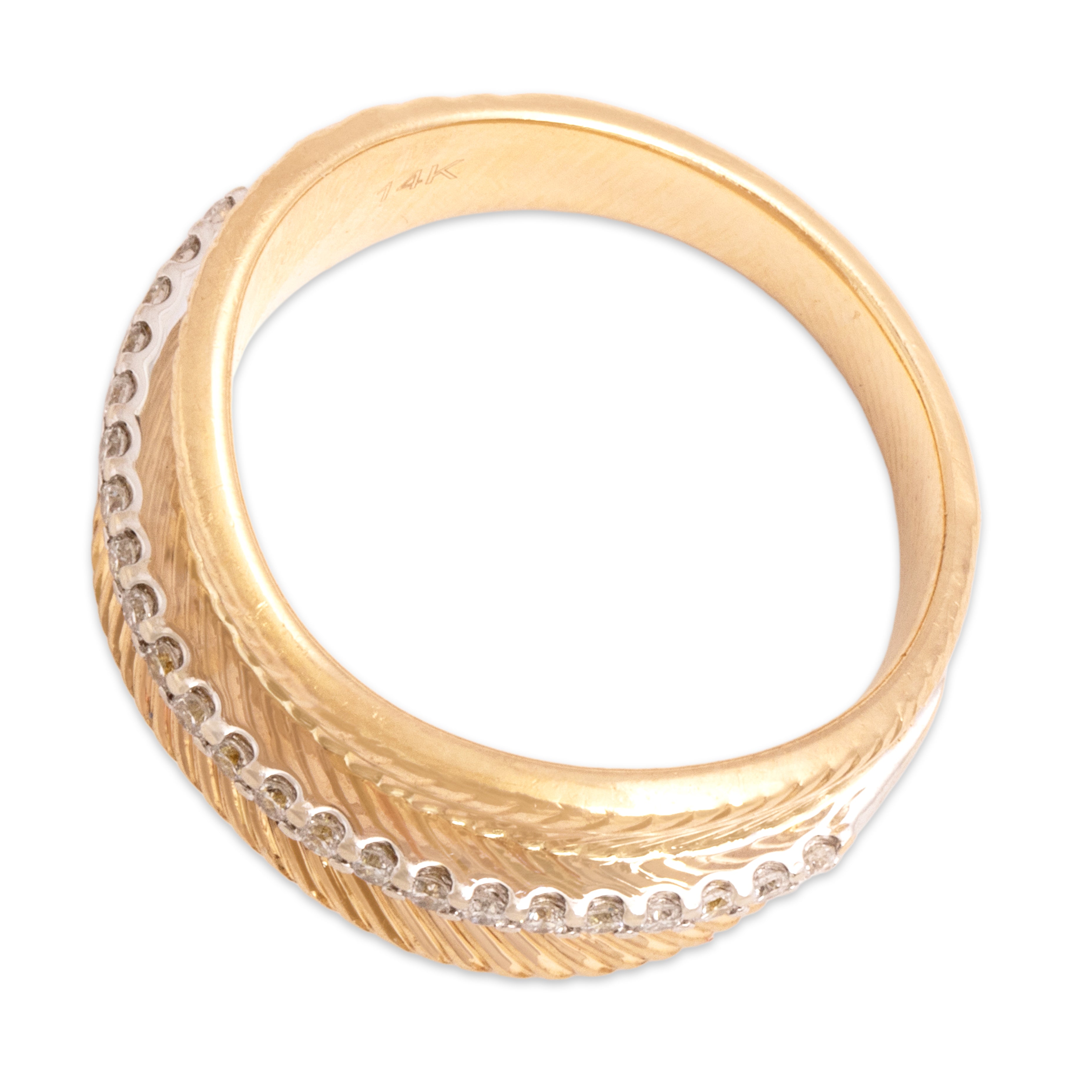 Estate 14k Yellow Gold Diamond Artistic Ribbed Band Ring - Overall view