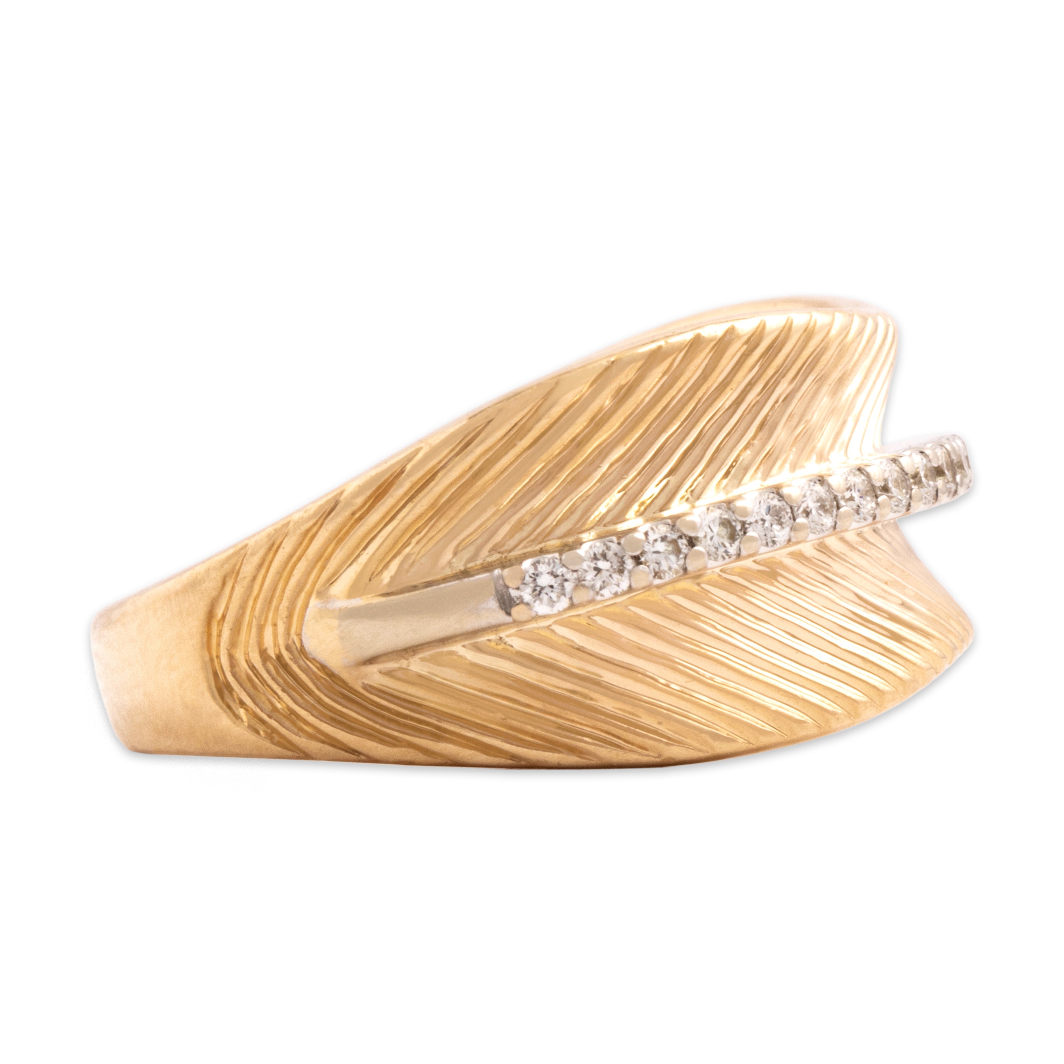 Estate 14k Yellow Gold Diamond Artistic Ribbed Band Ring - Side view