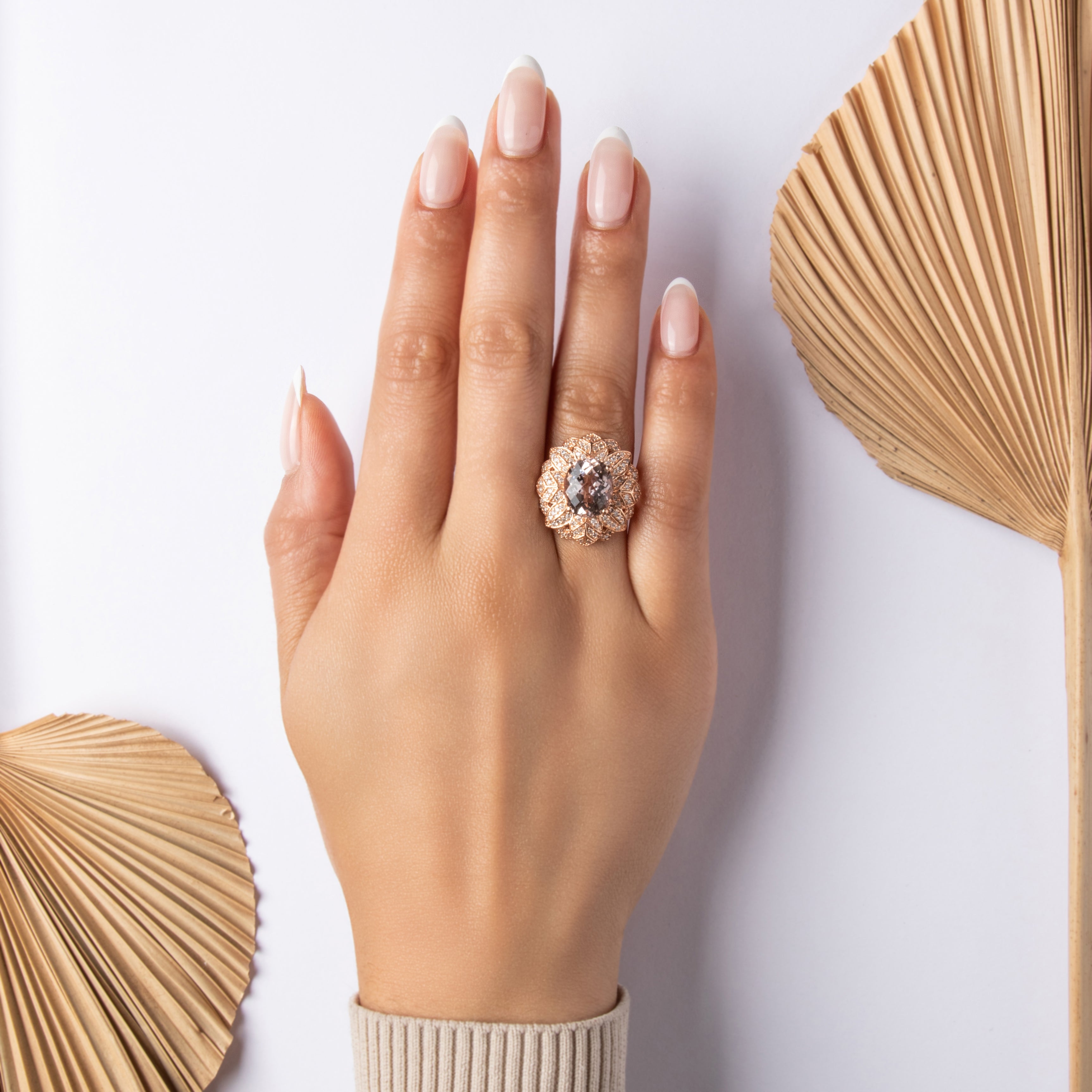 Vintage 14k Rose Gold 4.72ct Morganite Diamond Striking Flowering Cocktail Ring - On model view