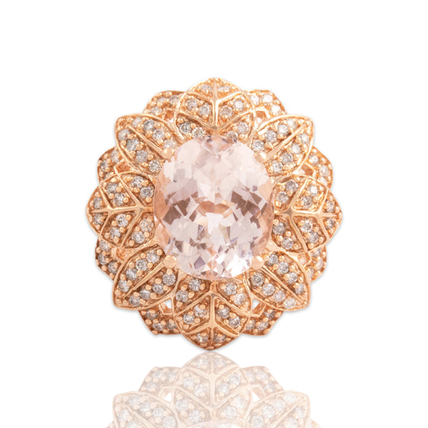 Vintage Large 14k Rose Gold 4.72ct Morganite Diamond Floral Cocktail Ring 7.00