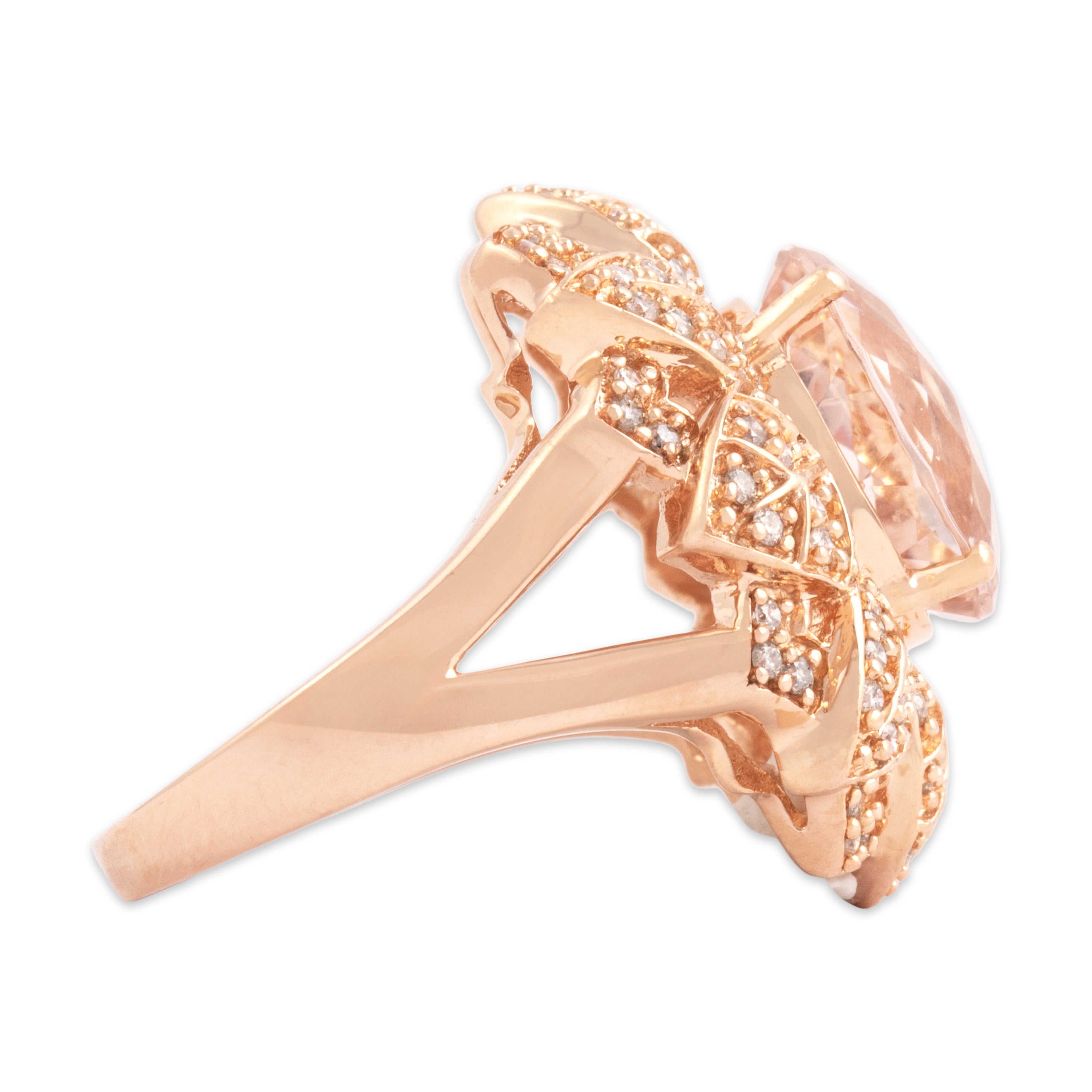 Vintage 14k Rose Gold 4.72ct Morganite Diamond Striking Flowering Cocktail Ring - Side view