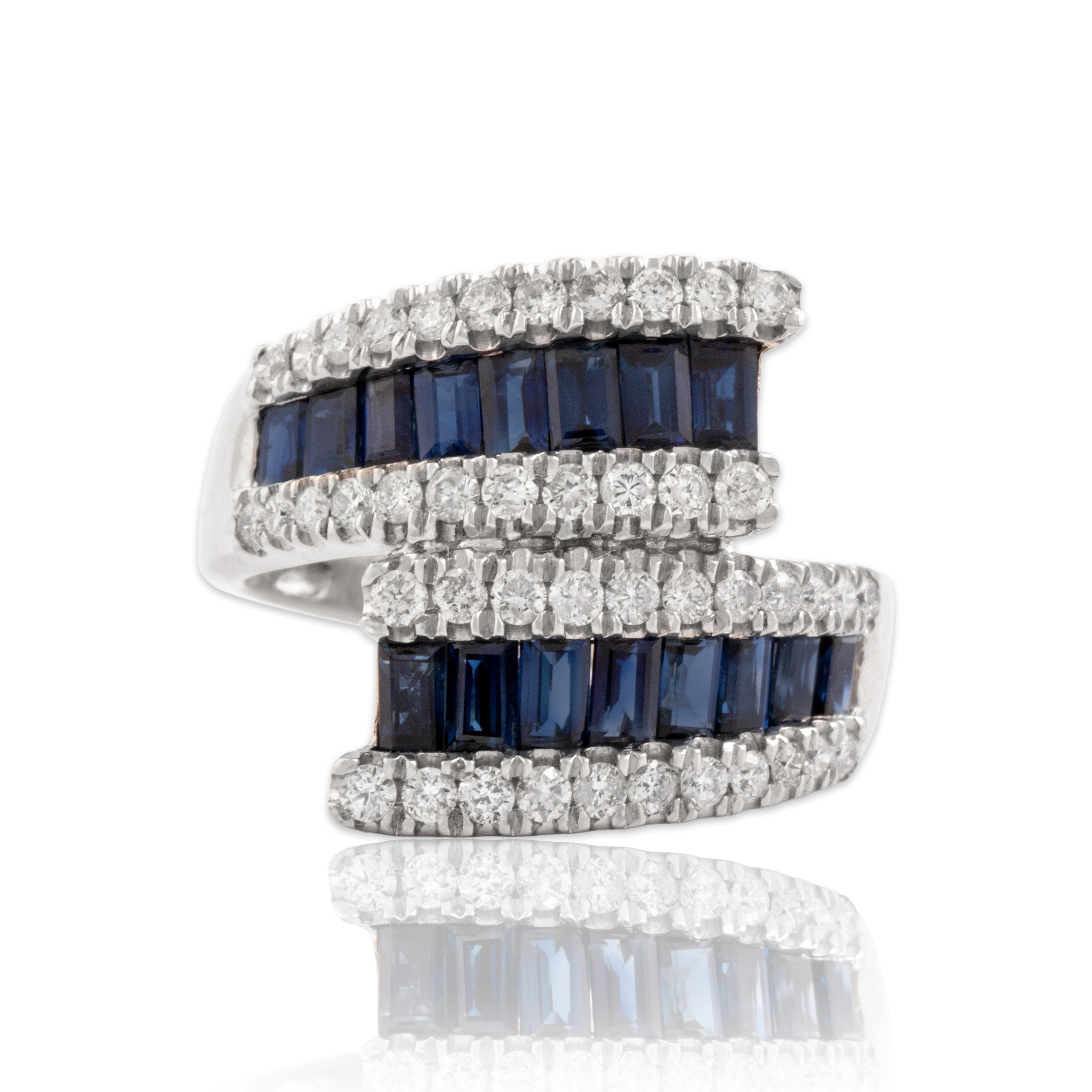Estate 14k White Gold 1.43cttw Blue Sapphire Diamond Striking Bypass Ring 7.00