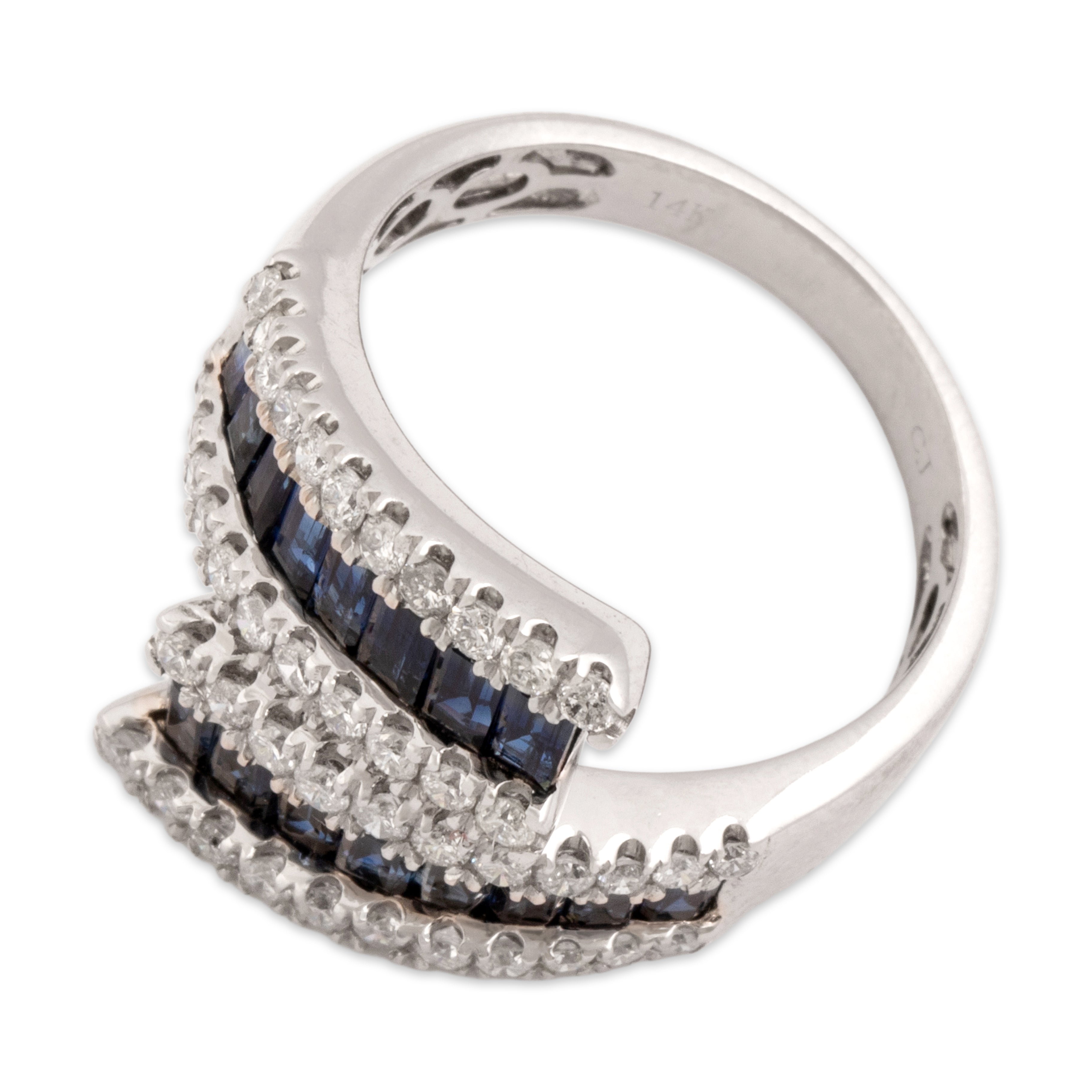 Estate 14k White Gold 1.43cttw Blue Sapphire Diamond Striking Channel Bypass Band Ring - Overall view