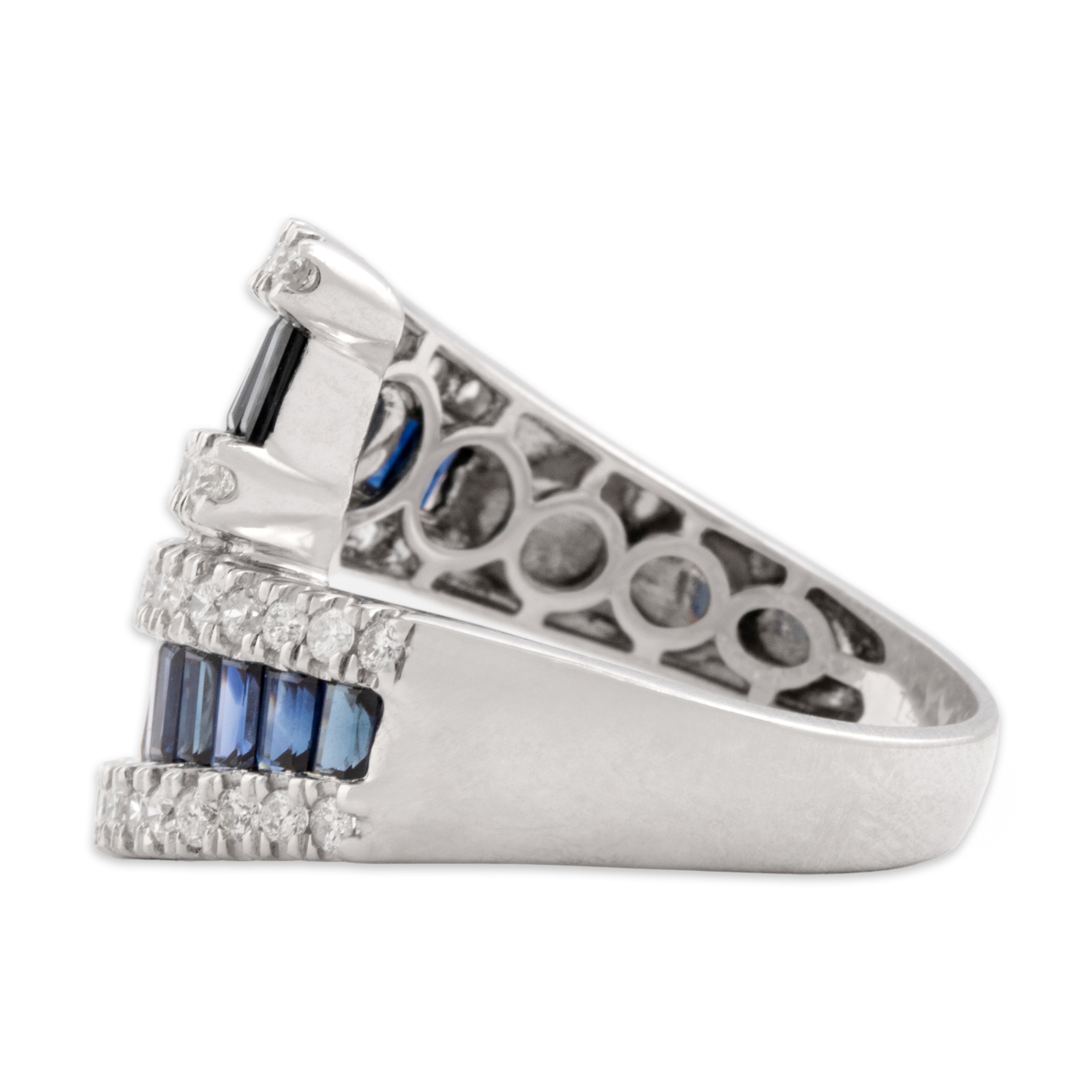 Estate 14k White Gold 1.43cttw Blue Sapphire Diamond Striking Channel Bypass Band Ring - Side view