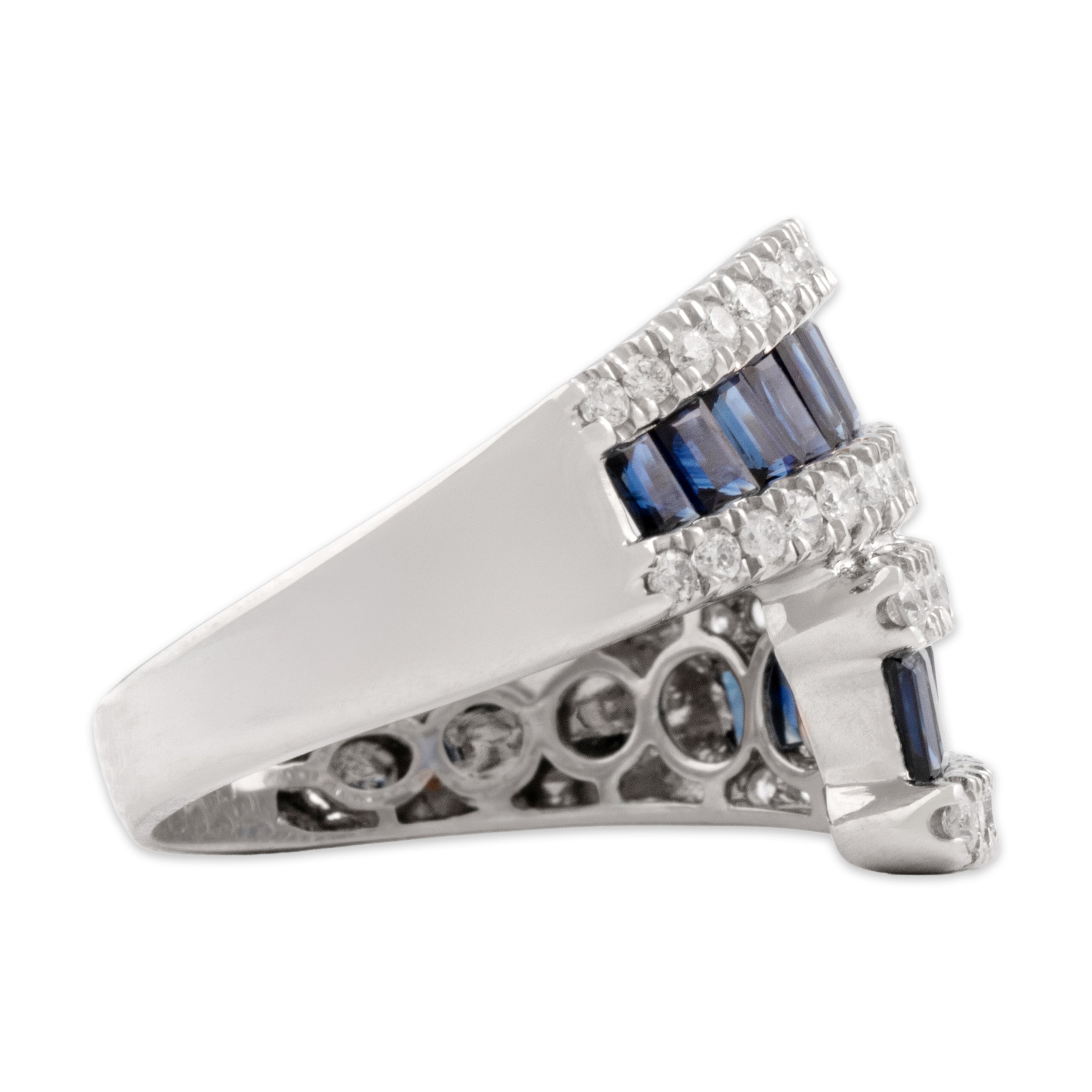 Estate 14k White Gold 1.43cttw Blue Sapphire Diamond Striking Channel Bypass Band Ring - Side view
