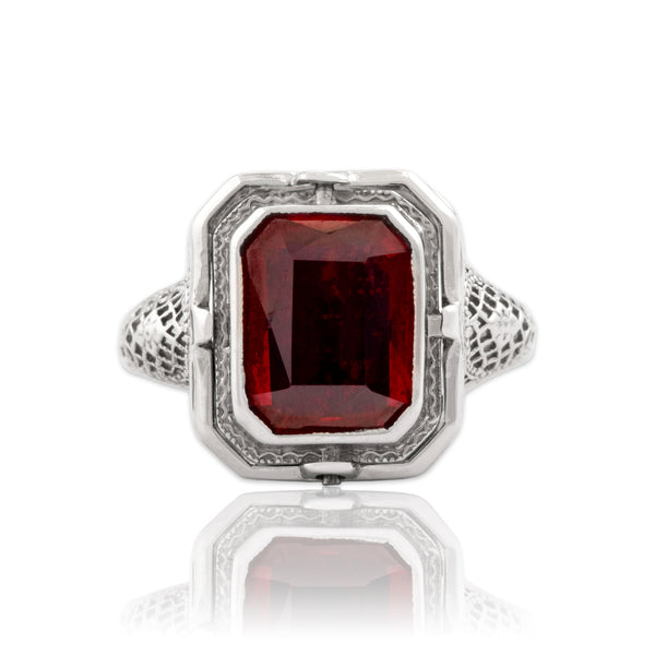 Antique Art Deco 14k White Gold Synthetic Ruby Natural Turquoise Flip Ring 6.00