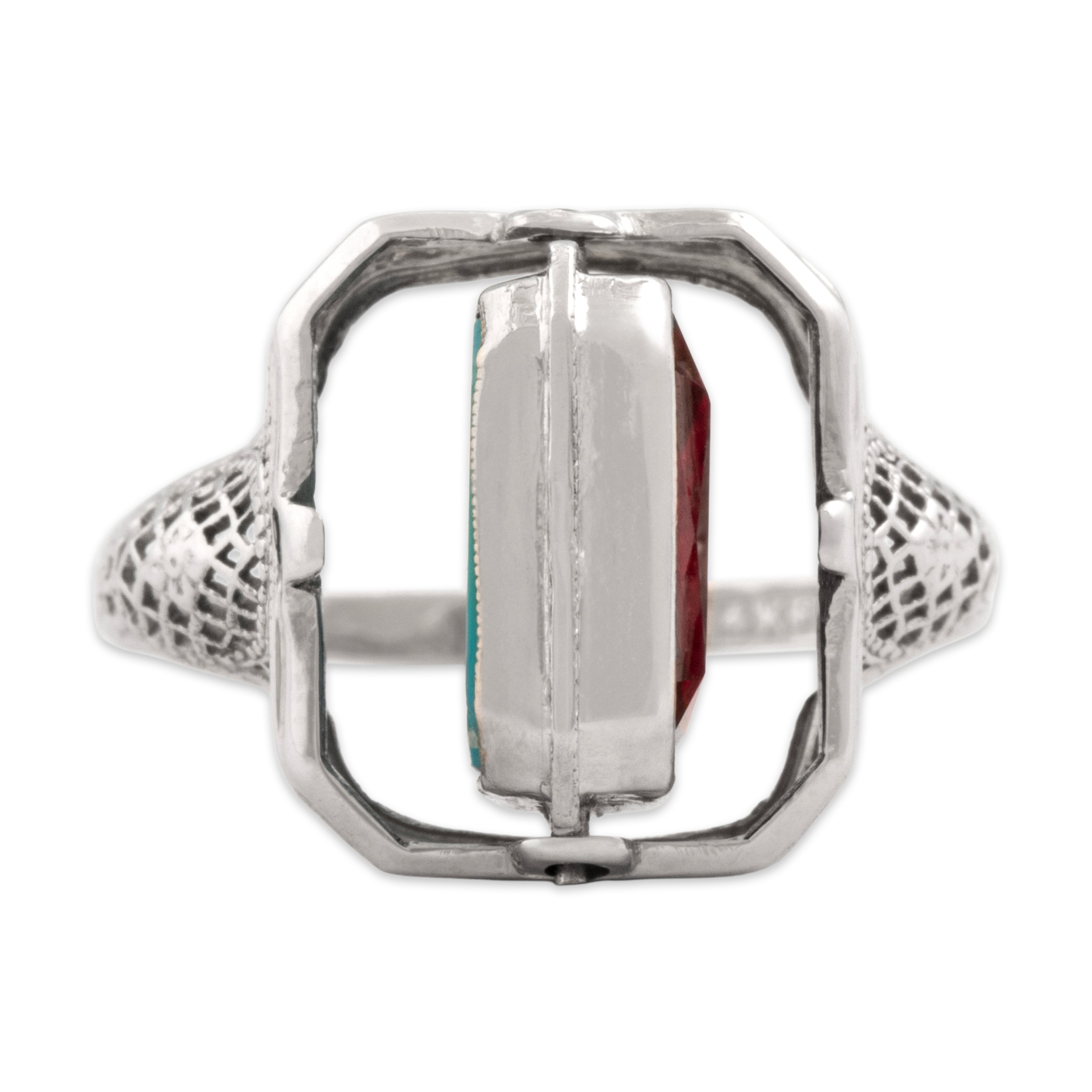 Antique Art Deco 14k White Gold Synthetic Ruby Natural Turquoise Vibrant Unique Flipping Ring - detail view #2