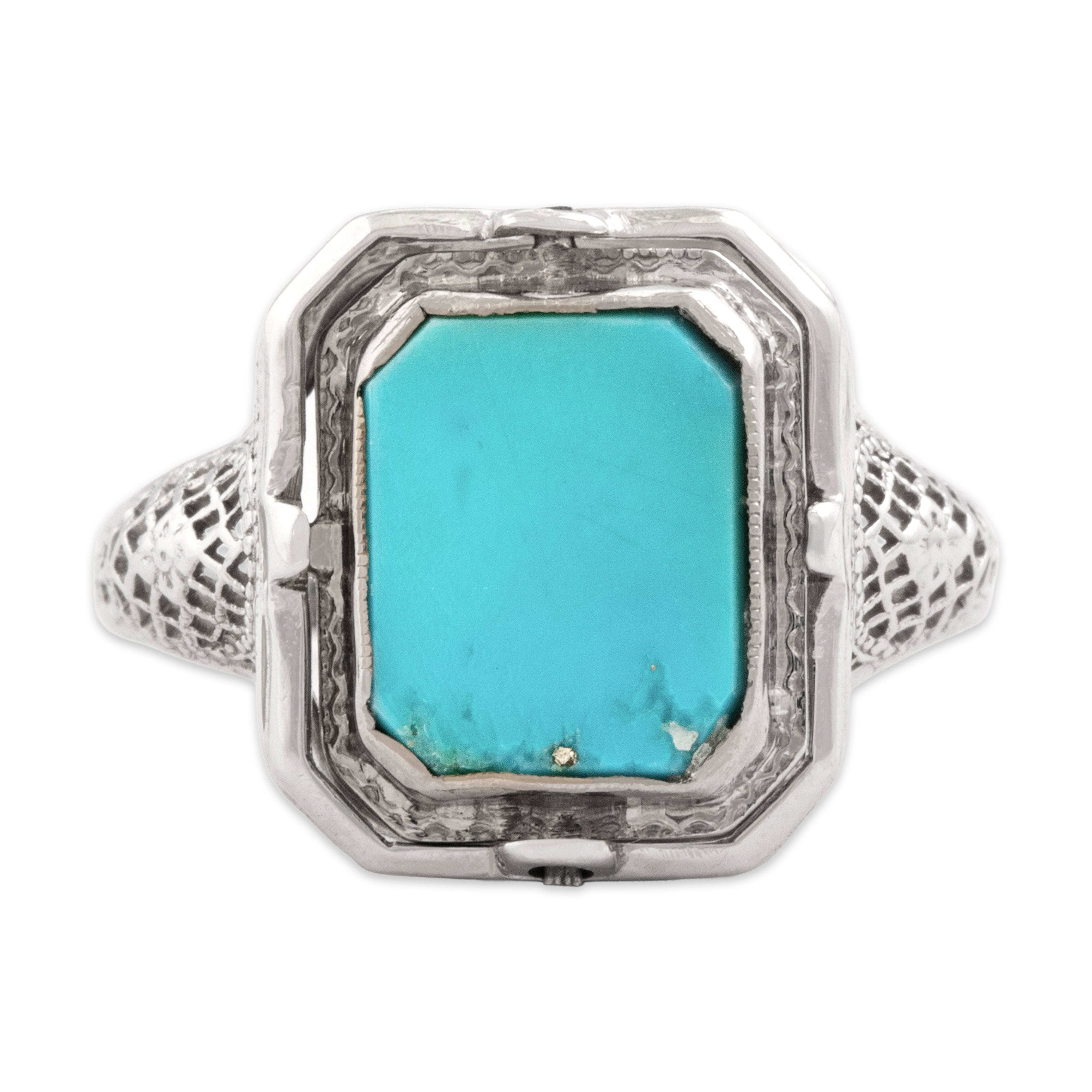 Antique Art Deco 14k White Gold Synthetic Ruby Natural Turquoise Flip Ring 6.00