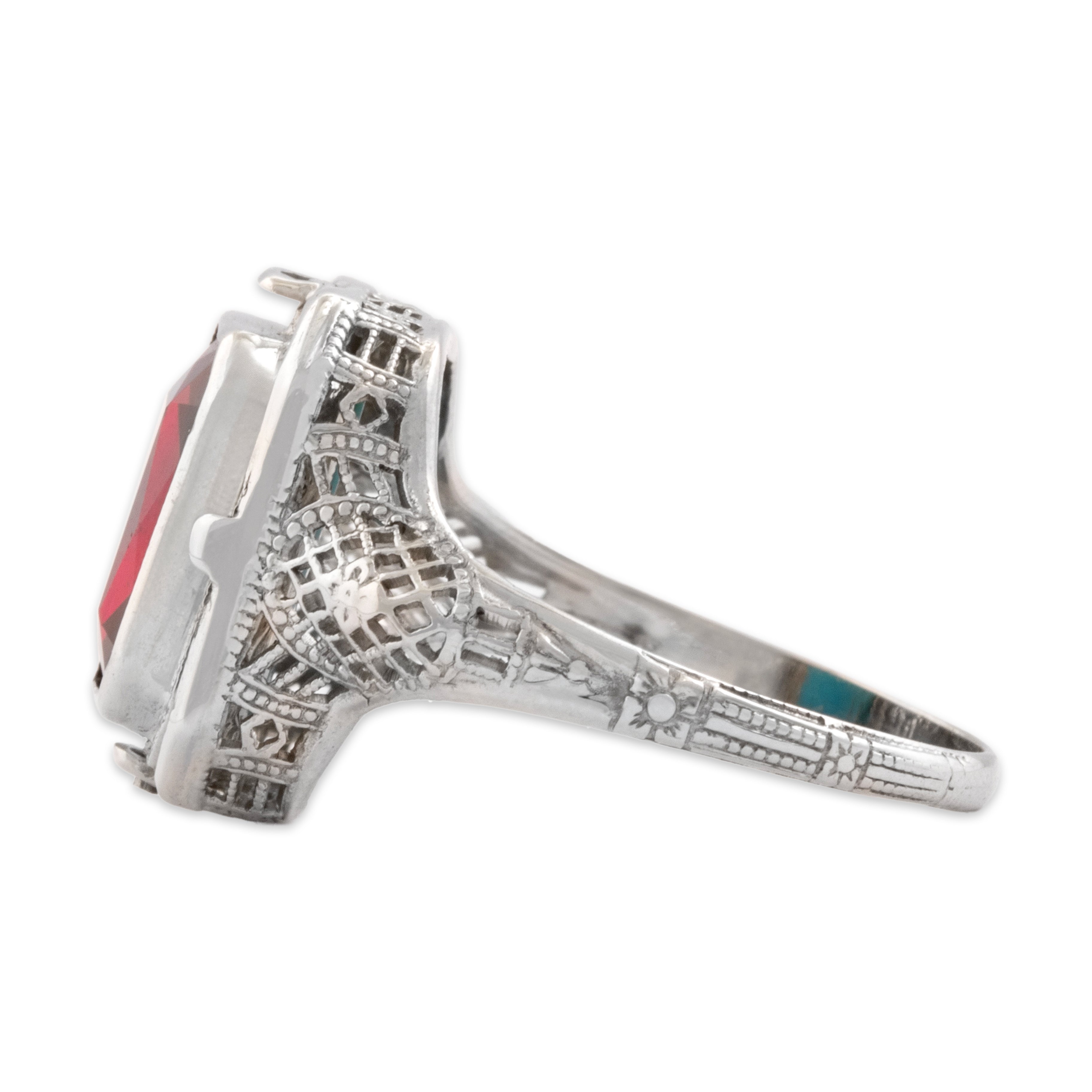 Antique Art Deco 14k White Gold Synthetic Ruby Natural Turquoise Vibrant Unique Flipping Ring - Side view