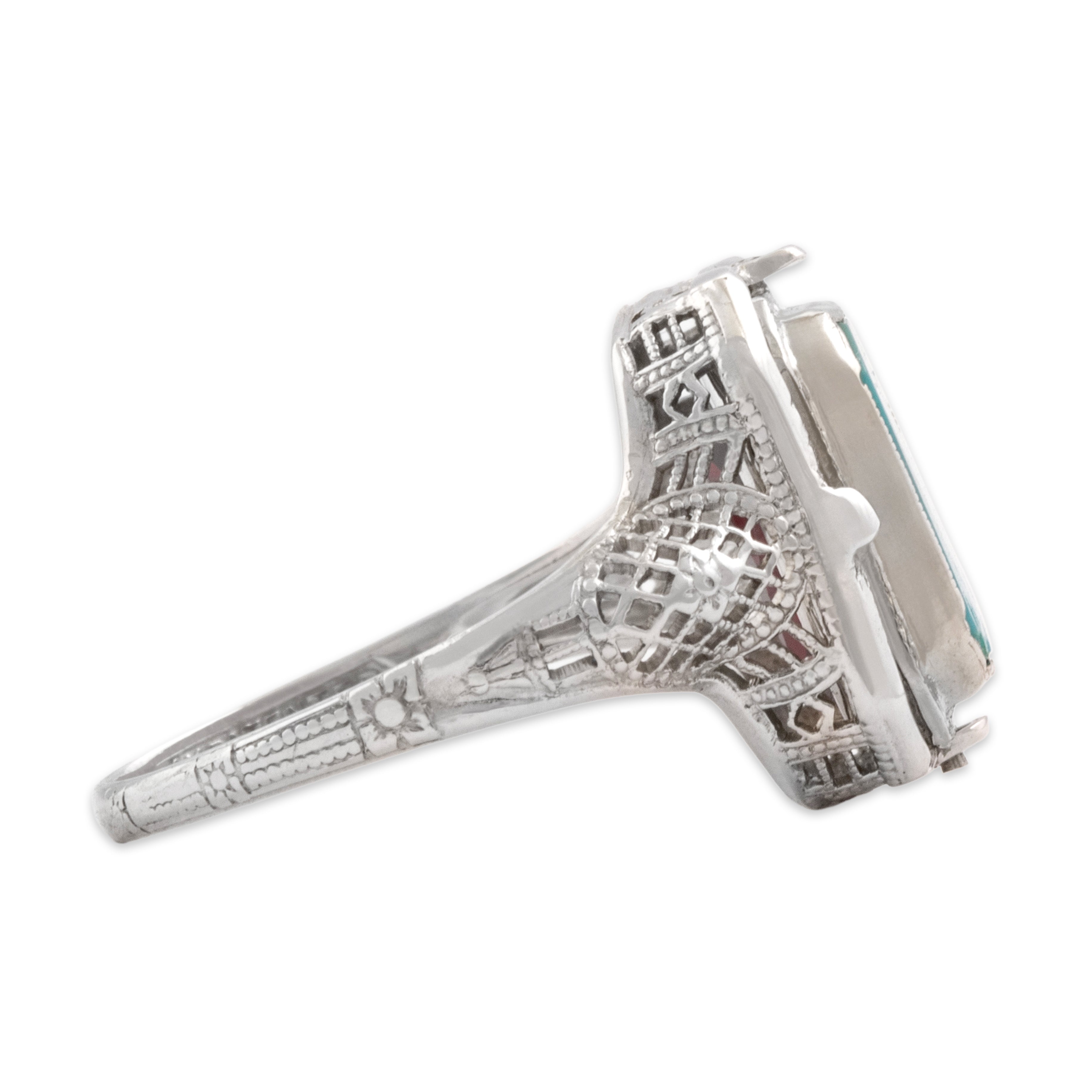 Antique Art Deco 14k White Gold Synthetic Ruby Natural Turquoise Vibrant Unique Flipping Ring - Side view