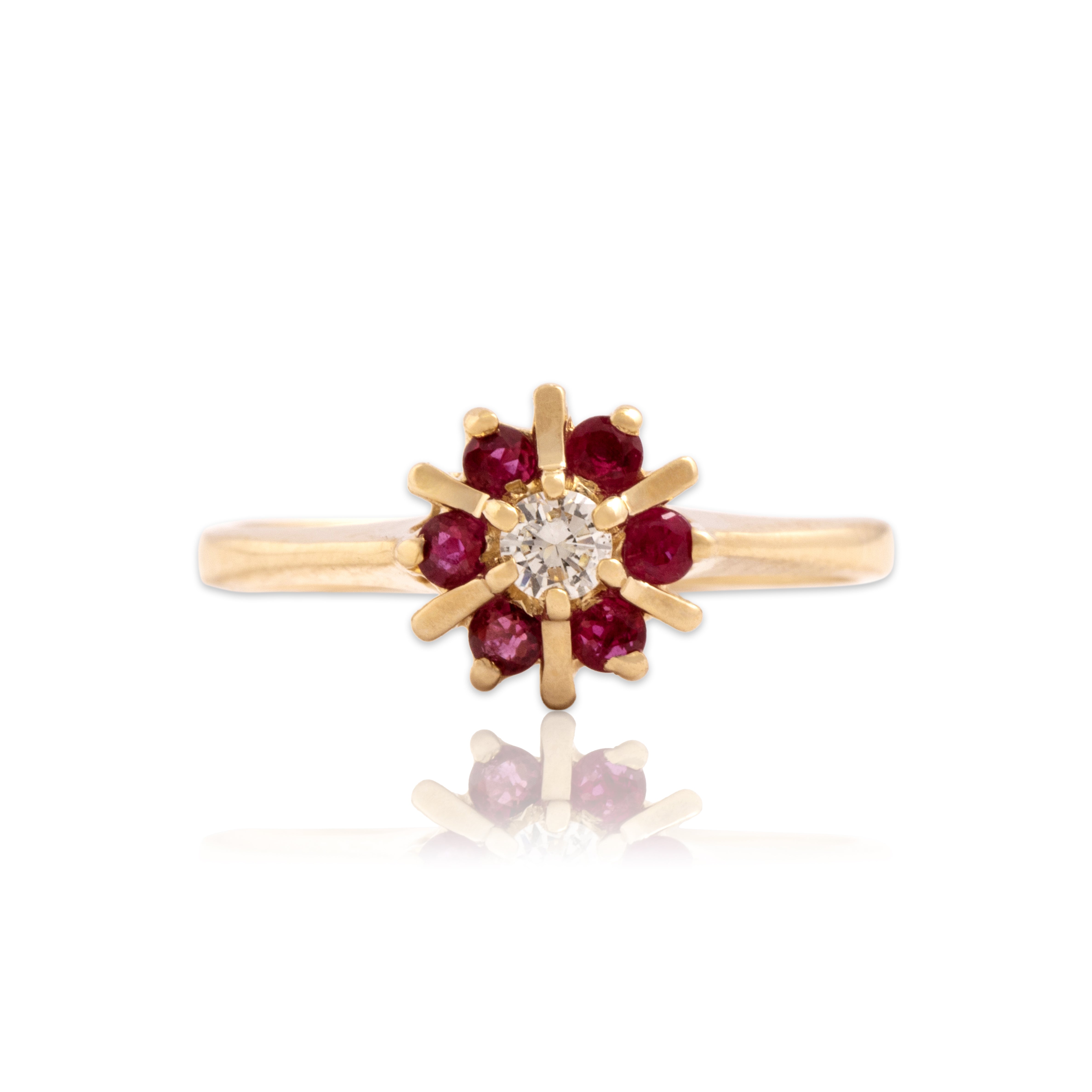 Vintage 14k Yellow Gold Diamond Ruby Wonderful Burst Halo Ring - Close-up view