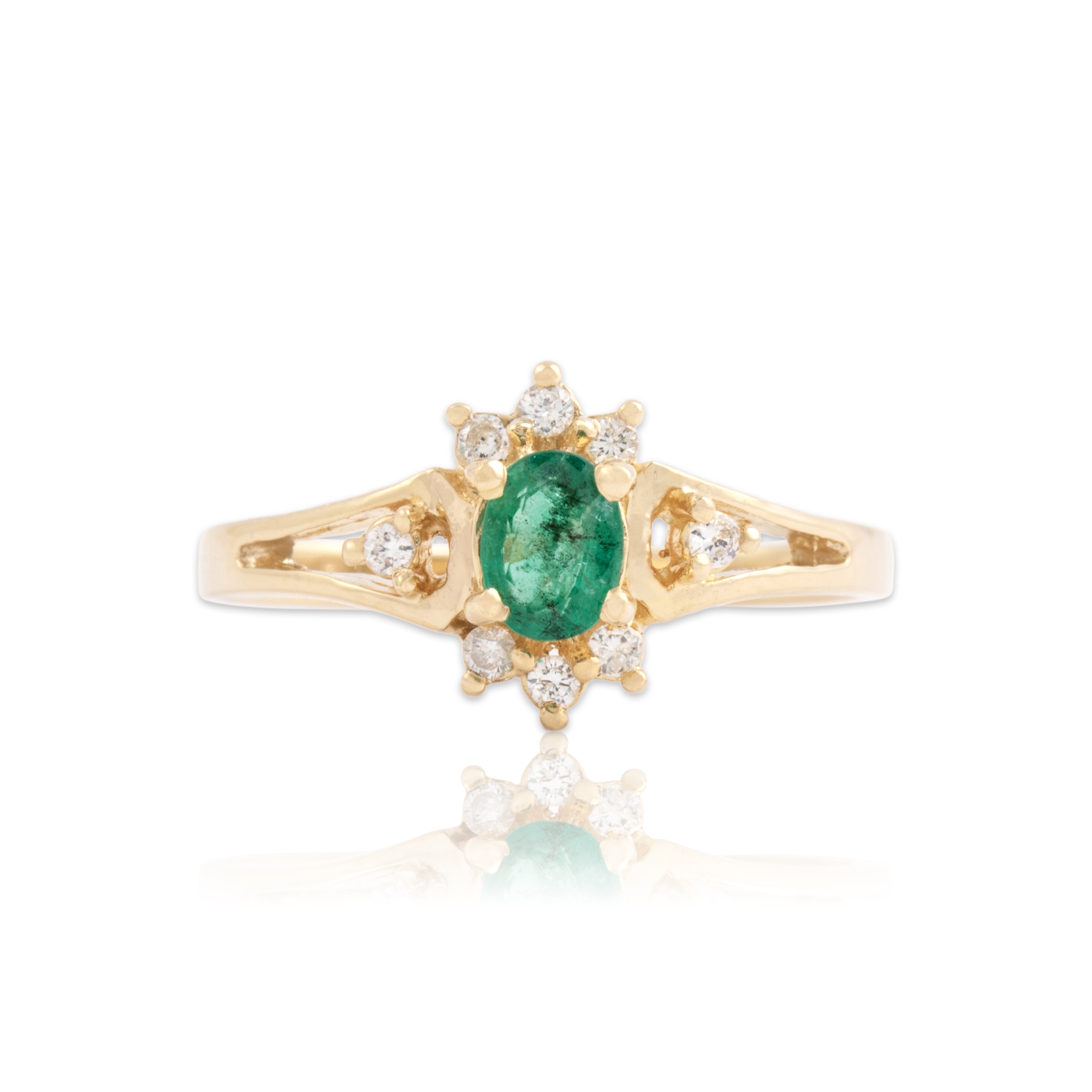 Vintage 14k Yellow Gold Emerald Diamond Fantastic Burst Halo Ring 6.75