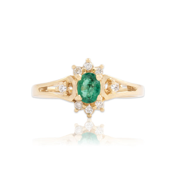 Vintage 14k Yellow Gold Emerald Diamond Fantastic Burst Halo Ring 6.75