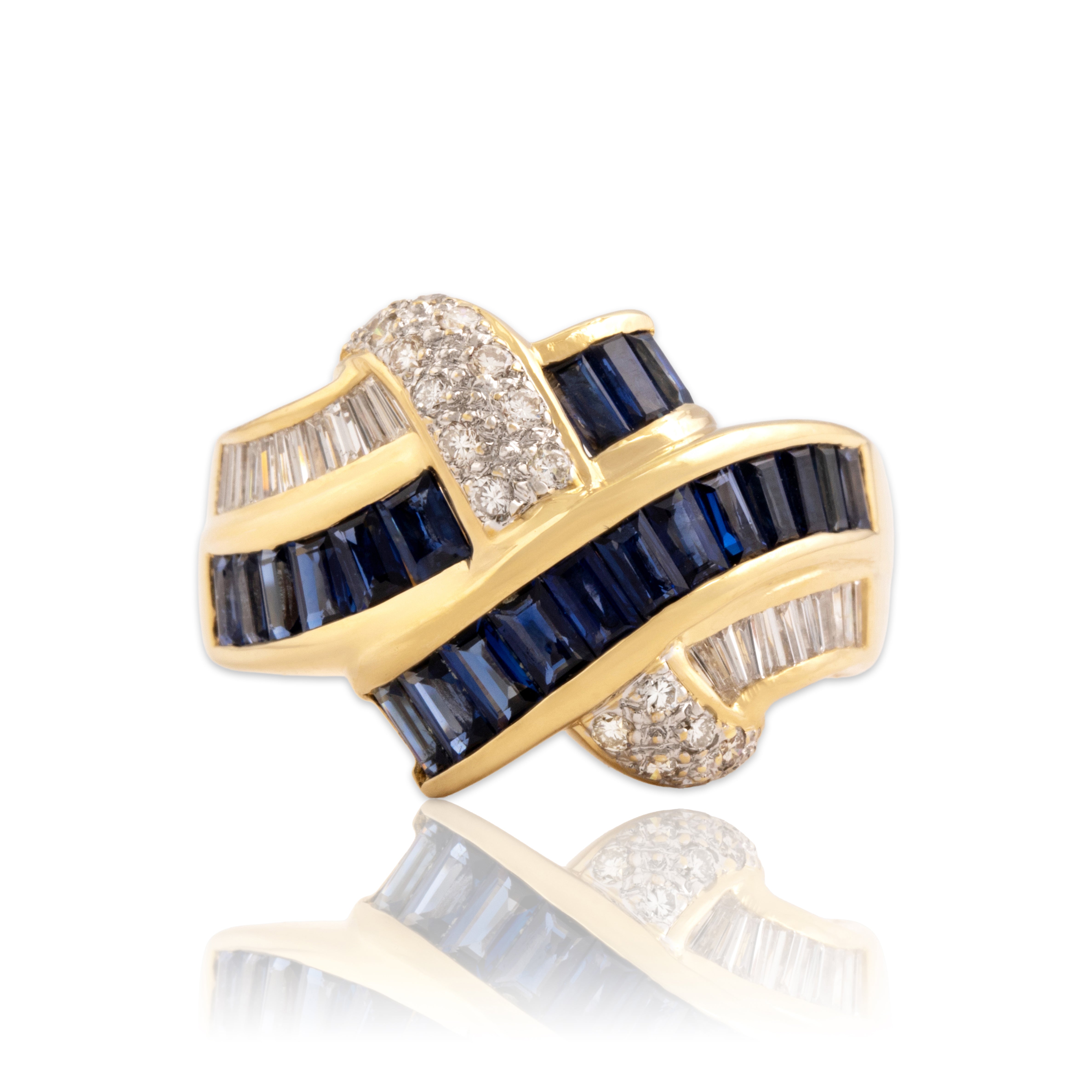 Vintage 18k Yellow Gold 1.63cttw Blue Sapphire Diamond Wide Overlapping Ring 7.25