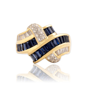 Vintage 18k Yellow Gold 1.63cttw Blue Sapphire Diamond Wide Overlapping Ring 7.25