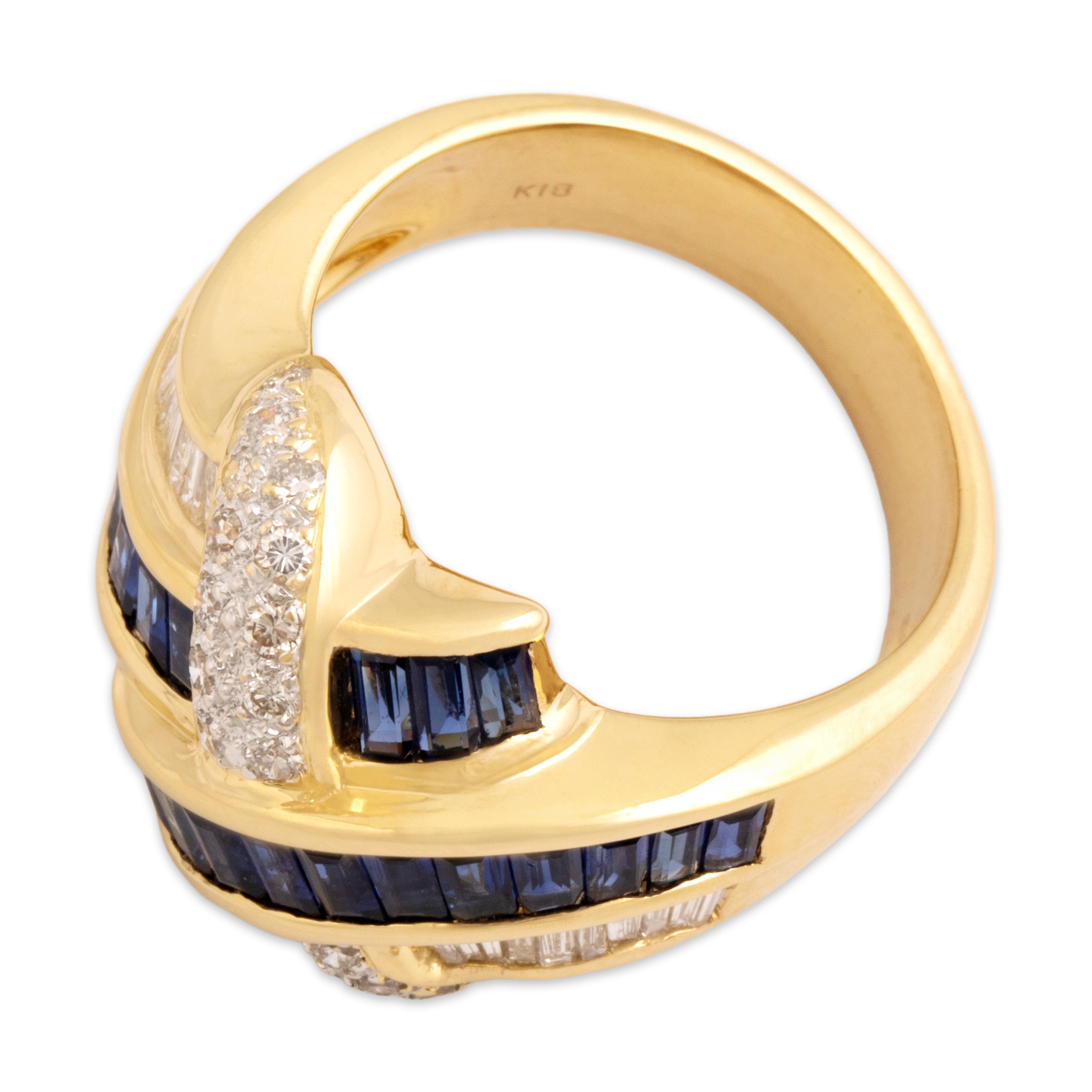 Vintage 18k Yellow Gold 1.63cttw Blue Sapphire Diamond Wide Dazzling Overlapping Channel Ring - Overall view